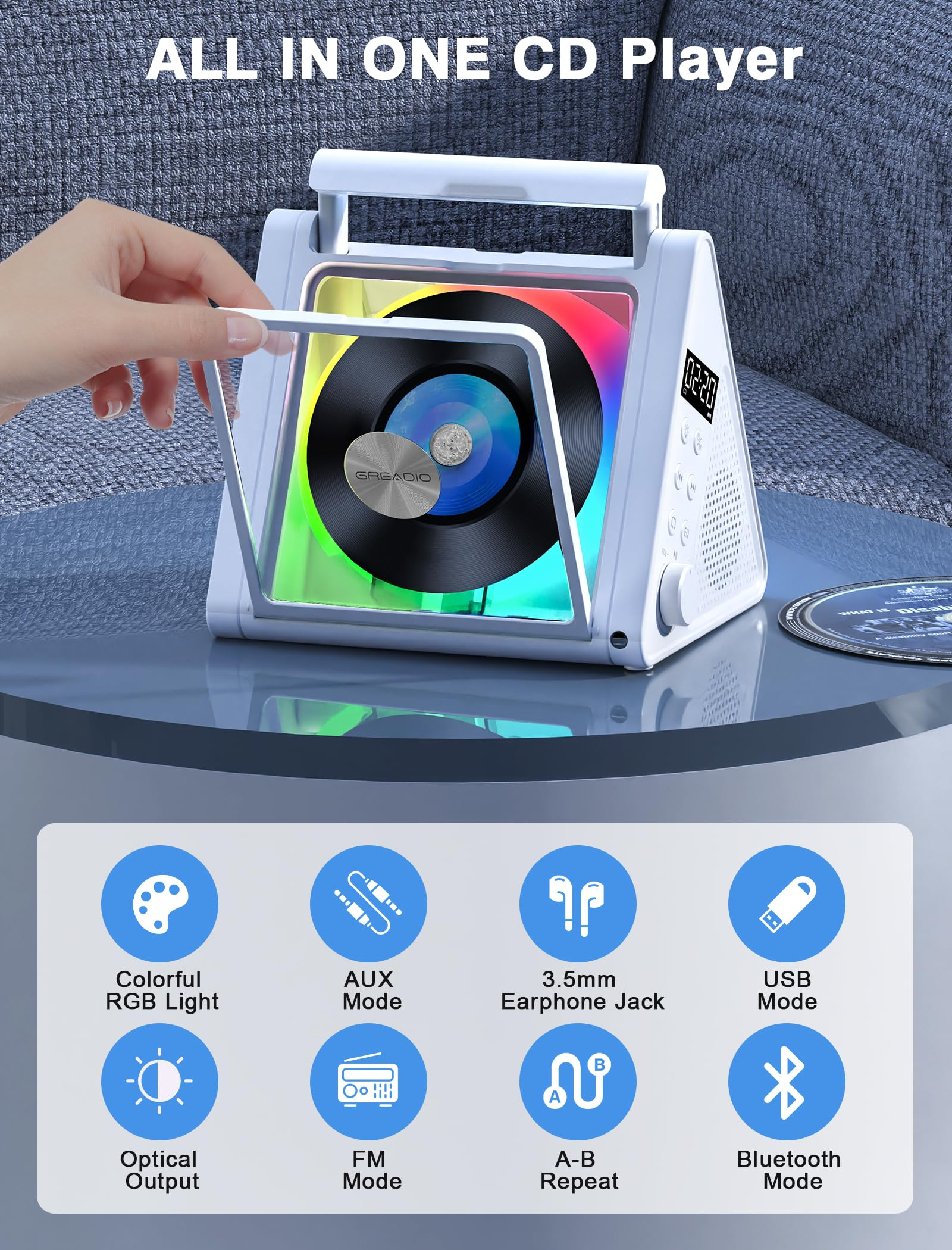 Greadio Portable CD Player with 20W Speaker, 4000mAh Rechargeable Bluetooth CD Player with Battery,Triangle Design Speaker with Remote Control