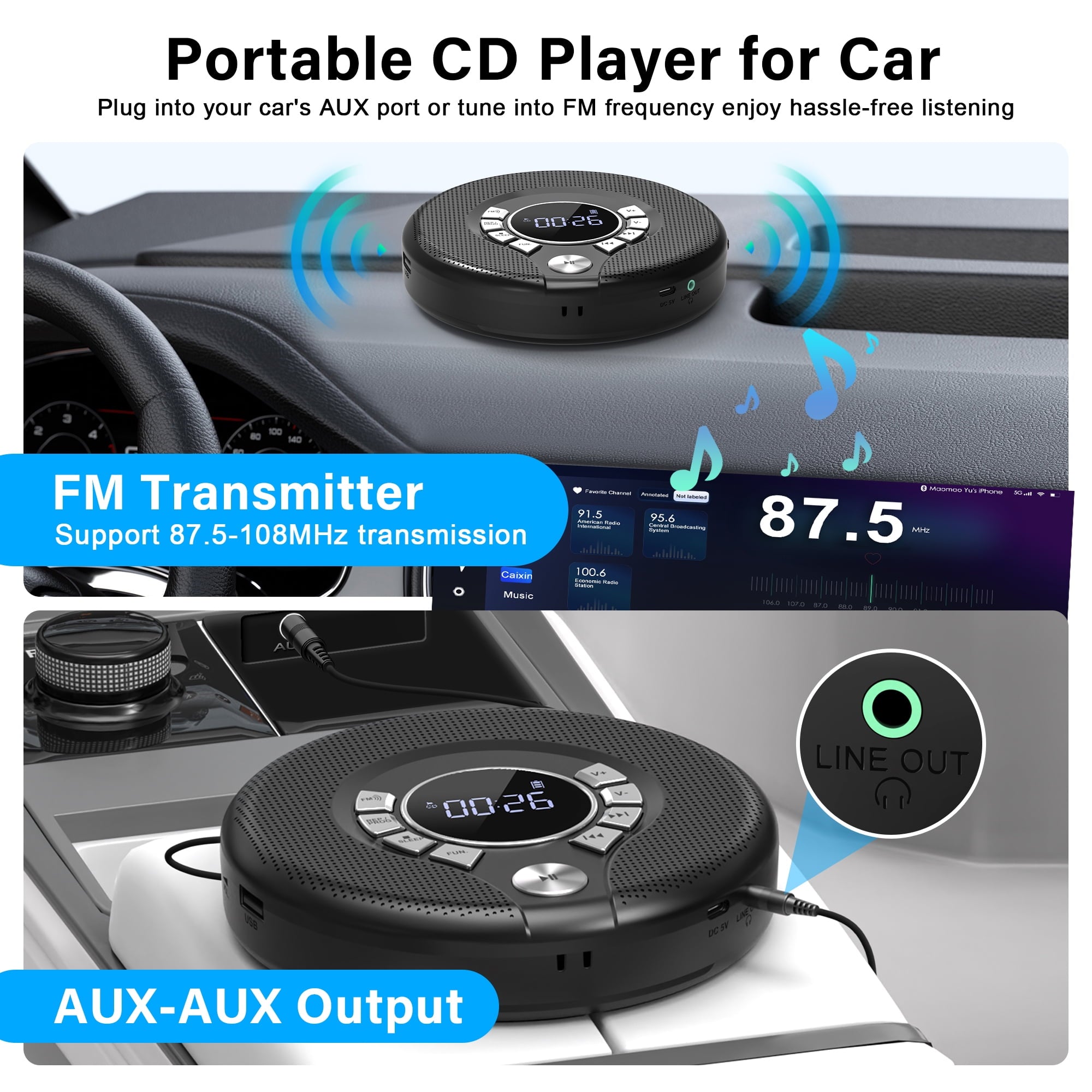 Portable CD Player, Walkman CD Player for Car, Rechargeable CD Player with USB Playback, A-B Repeat CD Player for Kids