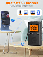 Bluetooth Portable AM FM Radio, Pocket Radio with Digital Tuning, Rechargeable AM FM Radio with Earphone Jack, Flashlight, LCD Screen,