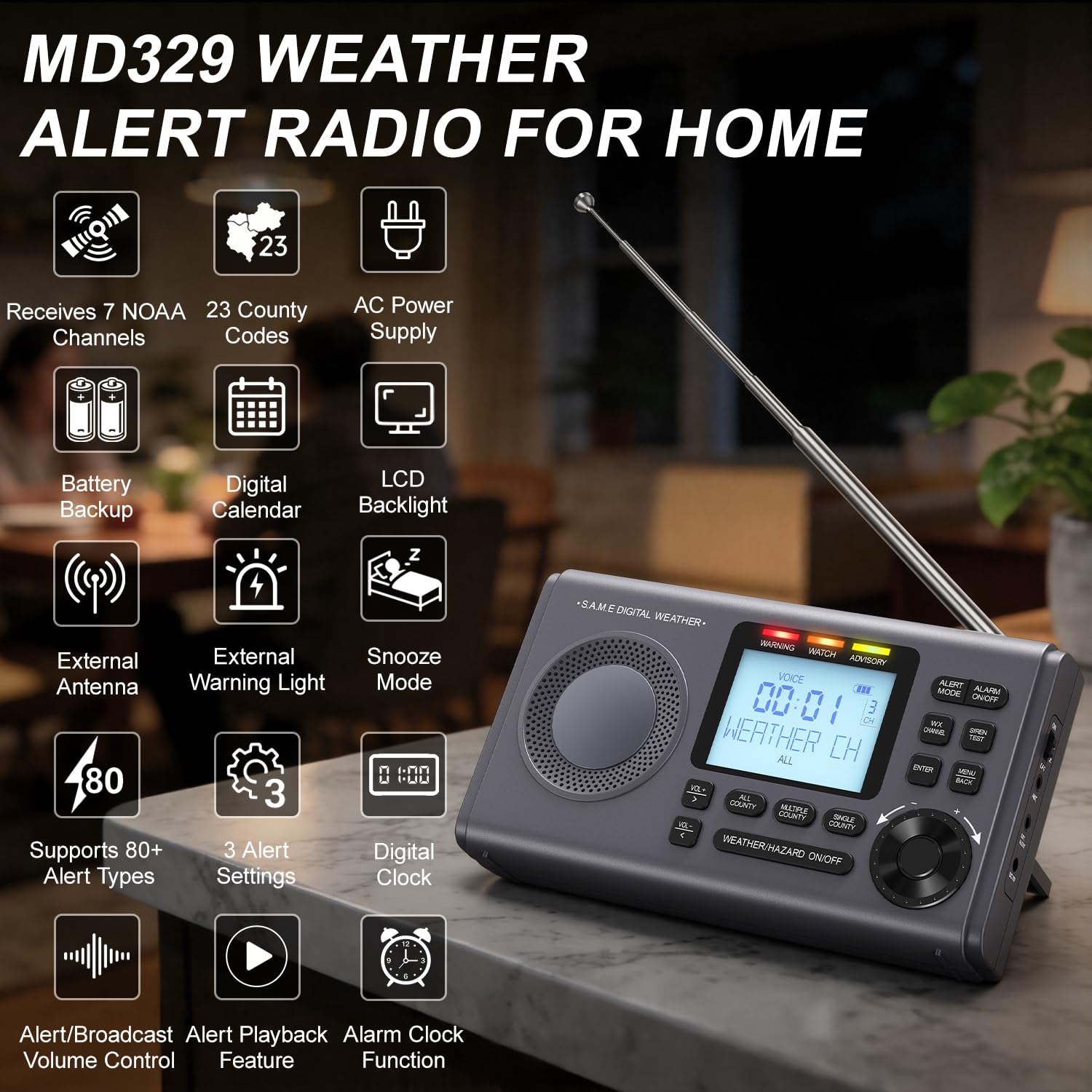 Greadio Weather Alert Radio, S.A.M.E Localized Programming, 23 County Codes & 80+ Emergency Alerts, Battery Backup, Alarm, Selectable Alert Tone, Warning Light for Emergency & Hurricane