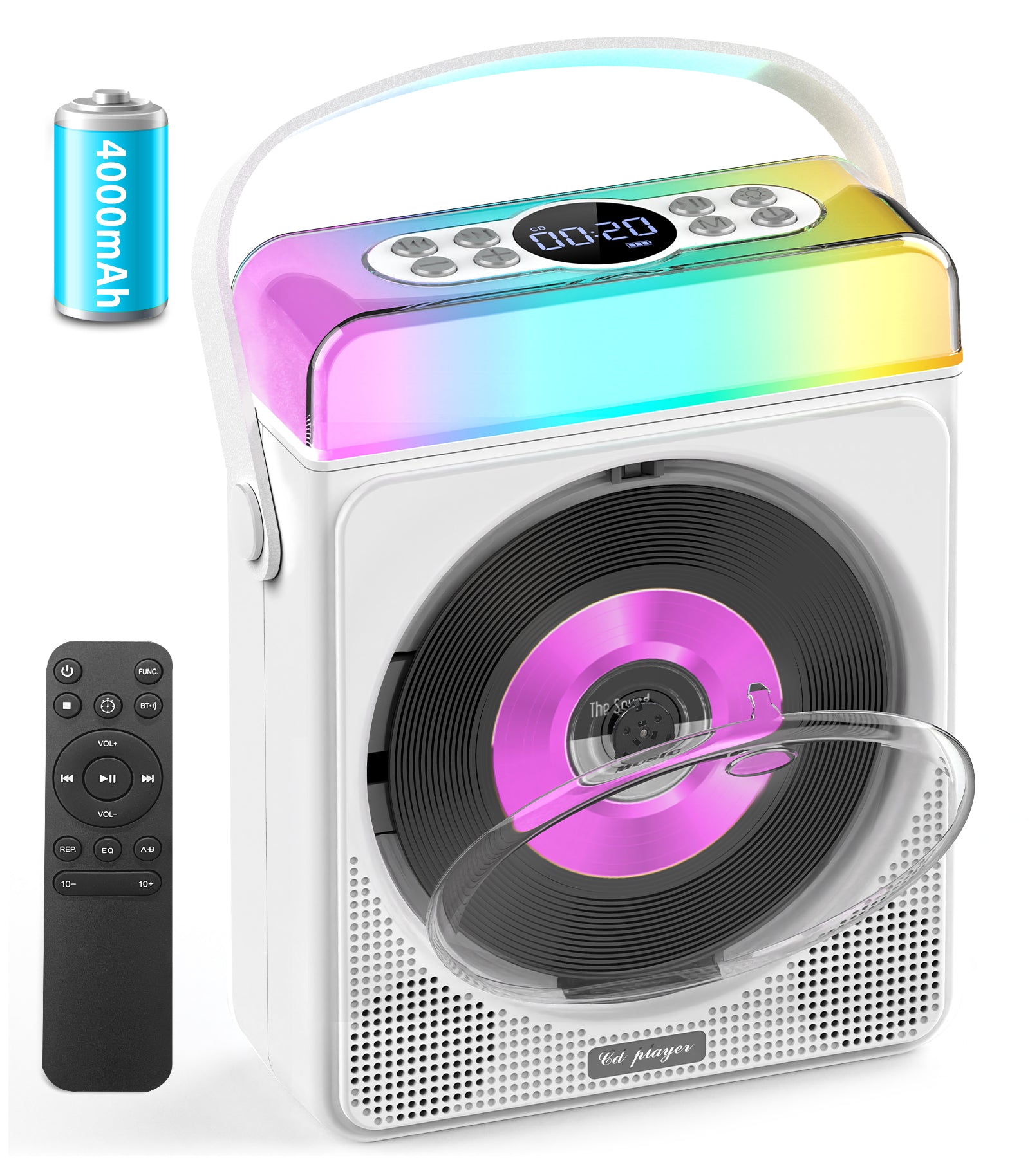 Portable CD Player with Bluetooth & RGB Lights, 4000mAh Rechargeable Personal CD Player with Speakers & Remote, Bass Boost, USB/TF/AUX Support