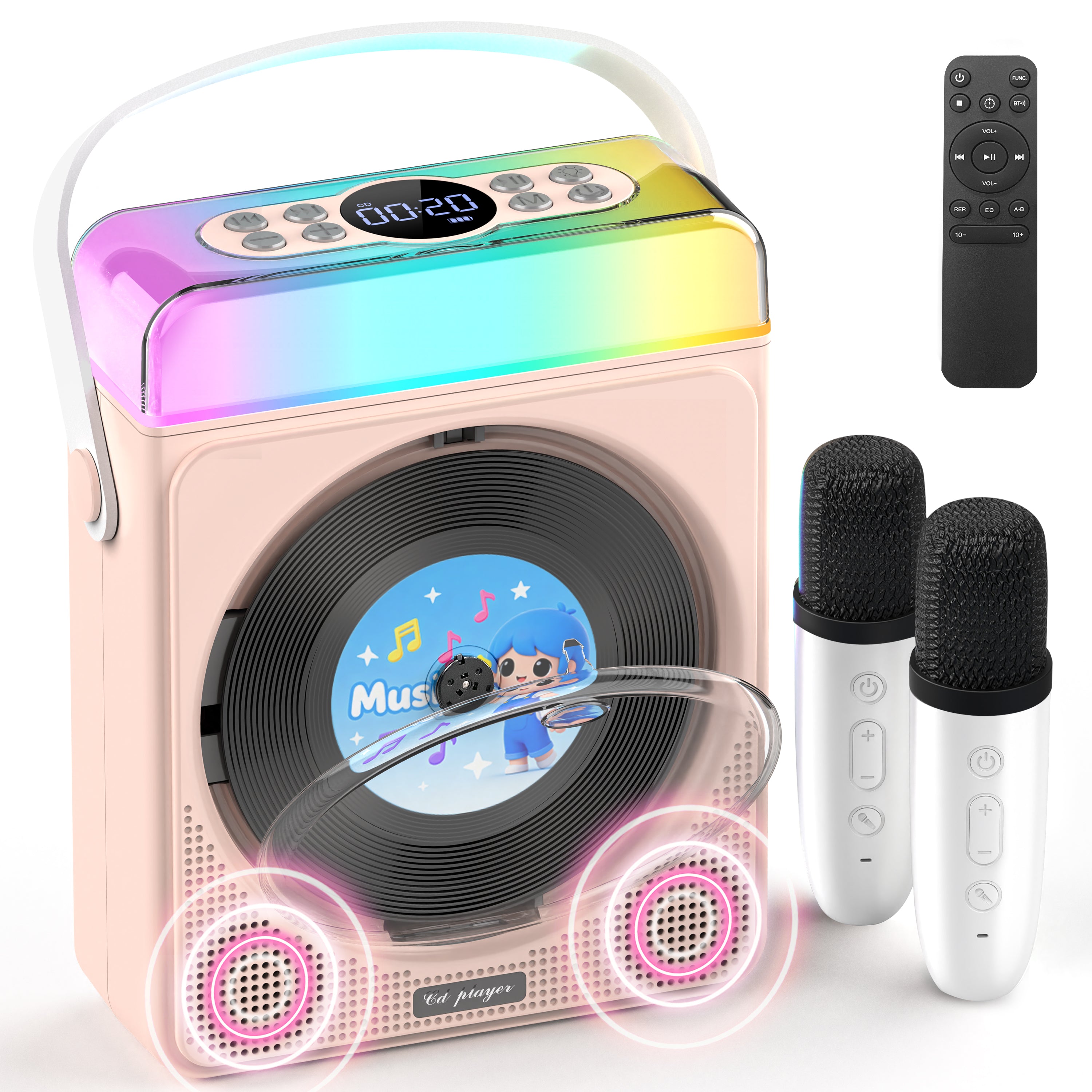 Portable Bluetooth CD Player with Dual Karaoke Microphones & LED Lights, 4000mAh Rechargeable CD Player with Speakers
