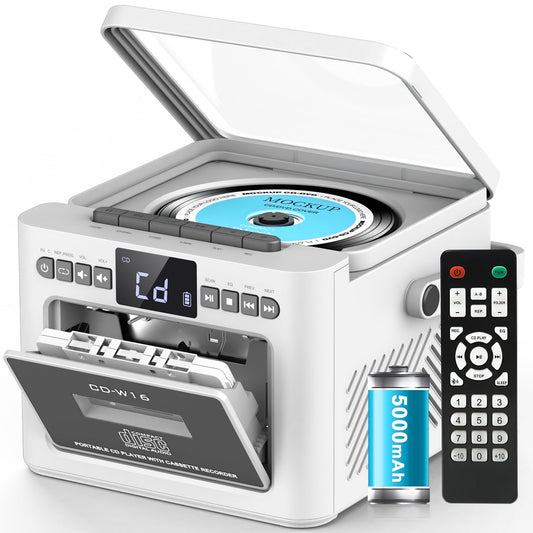 Greadio 5000mAh Rechargeable CD Player Boombox Cassette Player Combo with Bluetooth, FM, Music