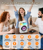 Portable CD Player with Bluetooth & RGB Lights, 4000mAh Rechargeable Personal CD Player with Speakers & Remote, Bass Boost, USB/TF/AUX Support