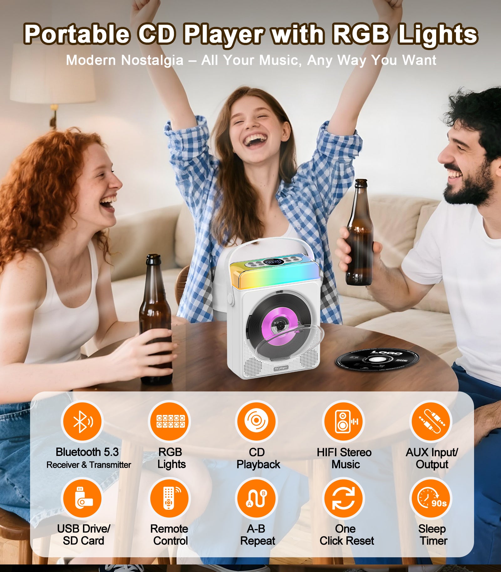 Portable CD Player with Bluetooth & RGB Lights, 4000mAh Rechargeable Personal CD Player with Speakers & Remote, Bass Boost, USB/TF/AUX Support