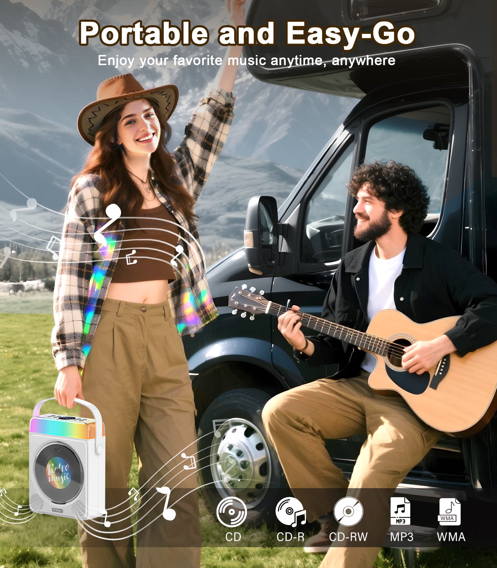 Portable CD Player with Bluetooth & RGB Lights, 4000mAh Rechargeable Personal CD Player with Speakers & Remote, Bass Boost, USB/TF/AUX Support