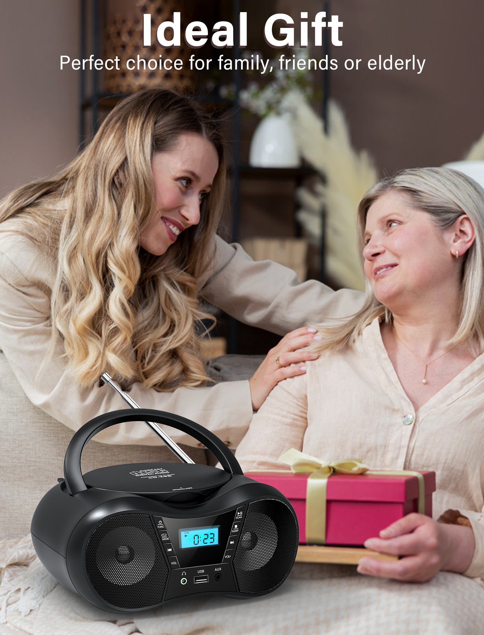 Greadio Boombox Portable CD Players for Home with Bluetooth, Boom Box CD Player FM Radio Combo, Stereo Sound