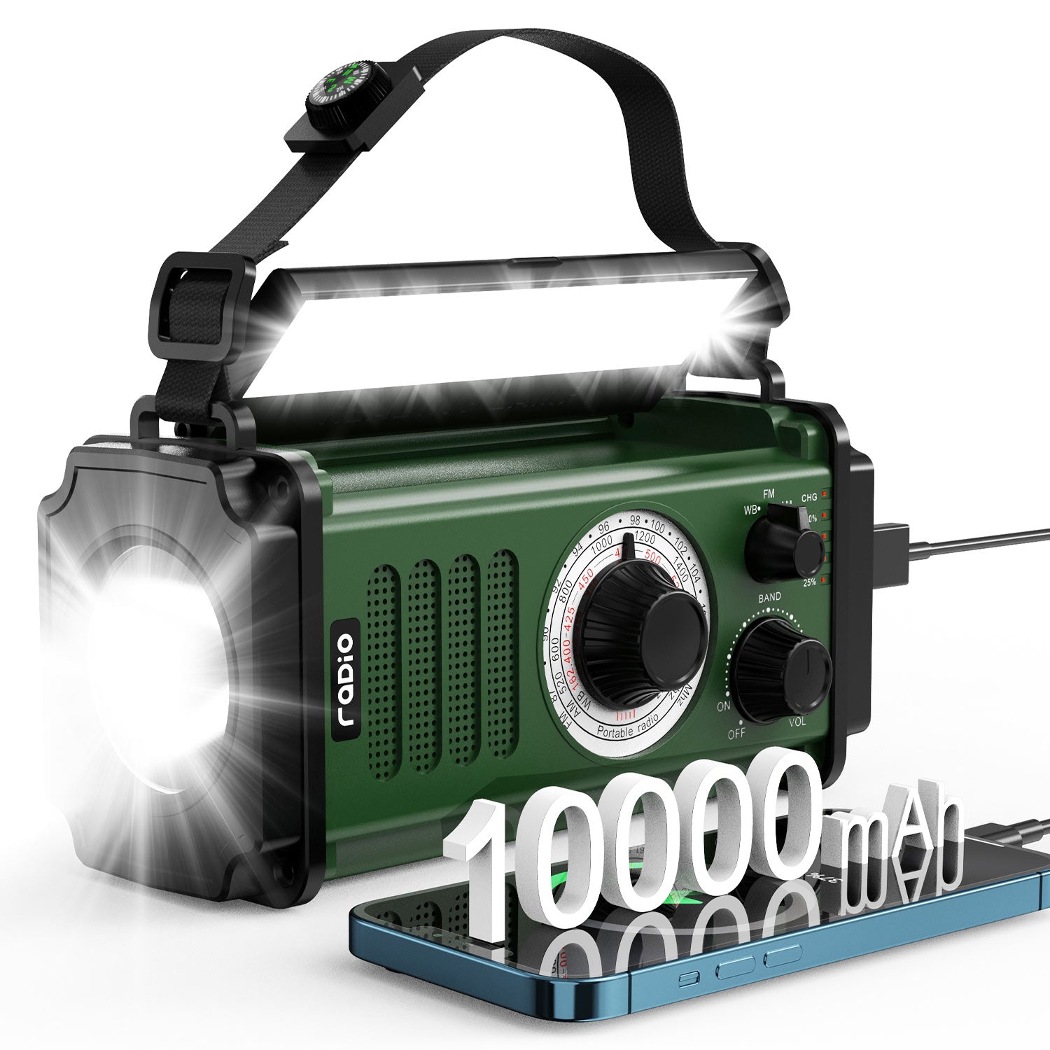 10000mAh Rechargeable Solar Radio with Phone Charger, Hand Crank Radio, Emergency Radio with Flashlight & Reading Lamp ,AM FM NOAA Weather Radio