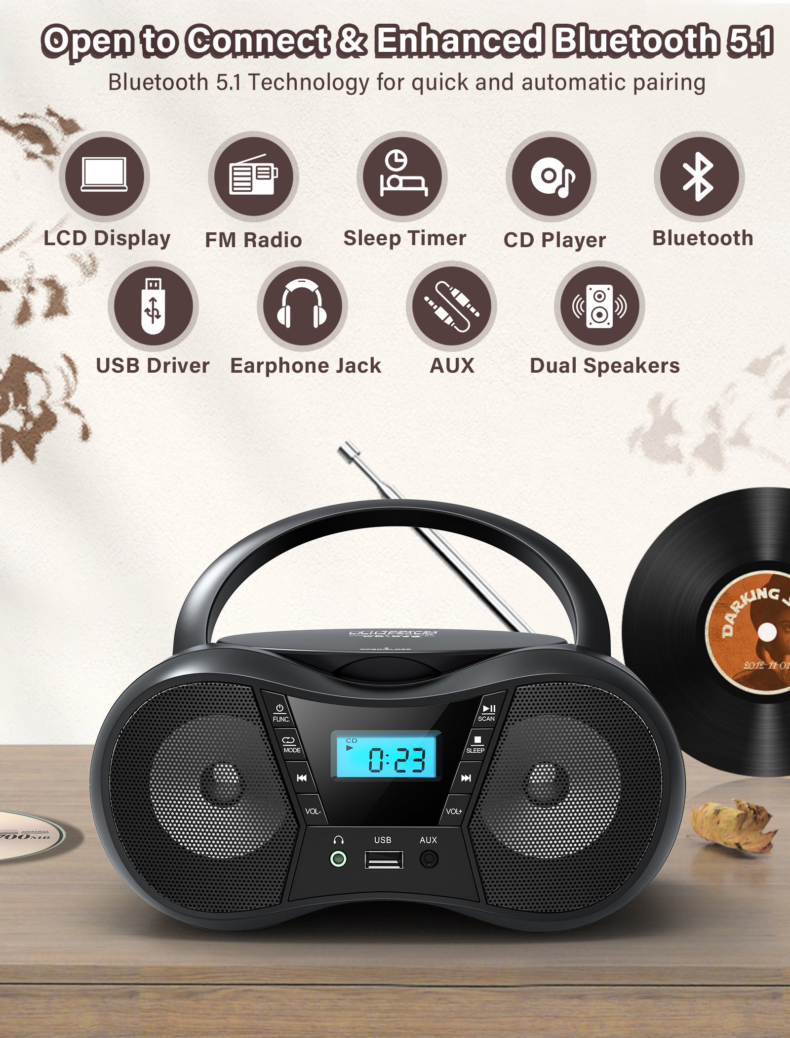 Greadio Boombox Portable CD Players for Home with Bluetooth, Boom Box CD Player FM Radio Combo, Stereo Sound