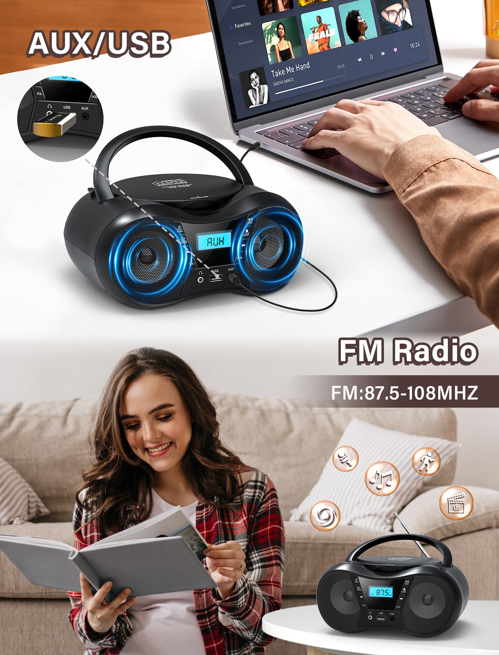 Greadio Boombox Portable CD Players for Home with Bluetooth, Boom Box CD Player FM Radio Combo, Stereo Sound