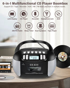 Greadio CD Cassette CD Boombox Player with AUX Input, Portable Boombox CD Player with Good Sound, CD Boombox with FM Radio, CD Player with Speakers