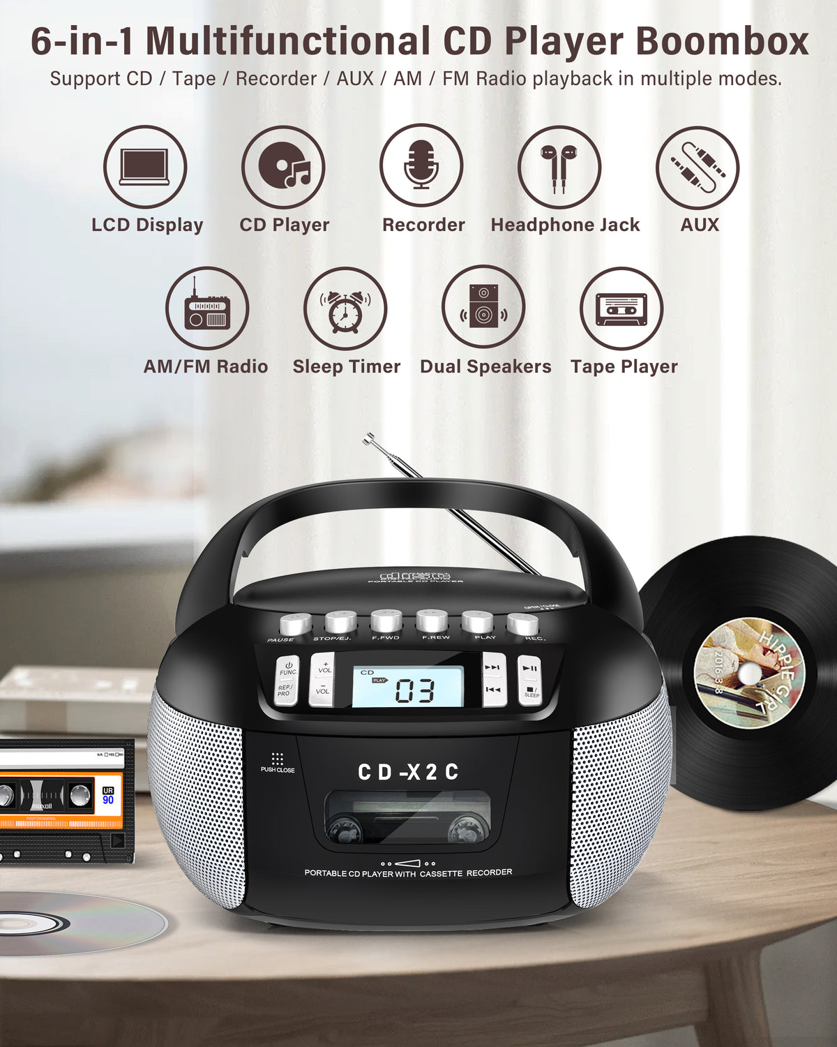 Greadio CD Cassette CD Boombox Player with AUX Input, Portable Boombox CD Player with Good Sound, CD Boombox with FM Radio, CD Player with Speakers