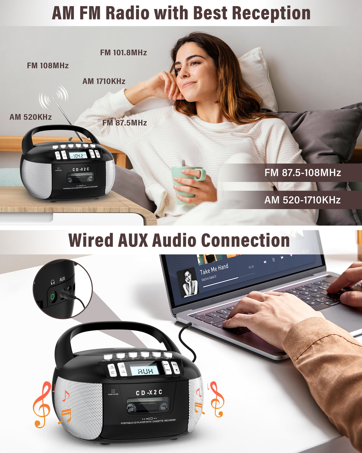 Greadio CD Cassette CD Boombox Player with AUX Input, Portable Boombox CD Player with Good Sound, CD Boombox with FM Radio, CD Player with Speakers