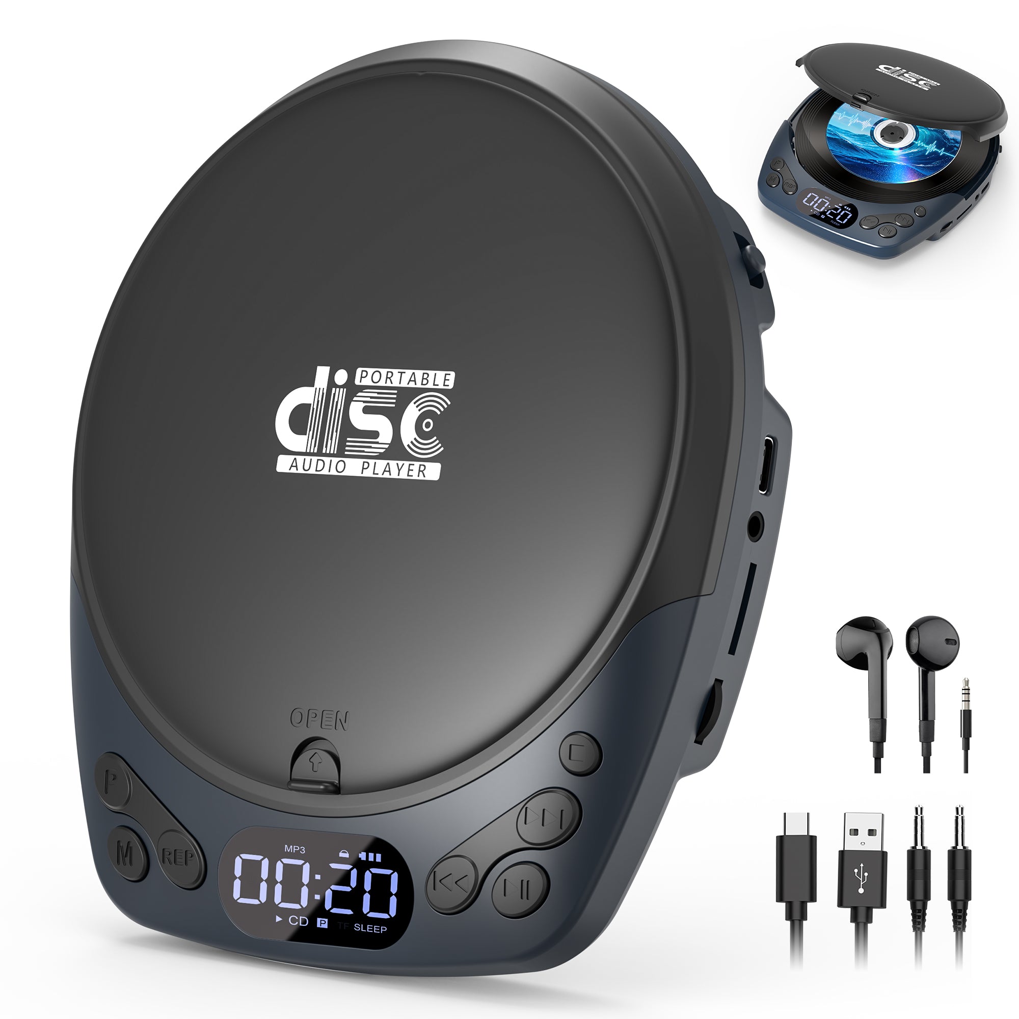 Portable CD Player with Headphones, Rechargeable Discman CD Player for Car & Home, Small CD Players Portable with 60s Anti-Skip