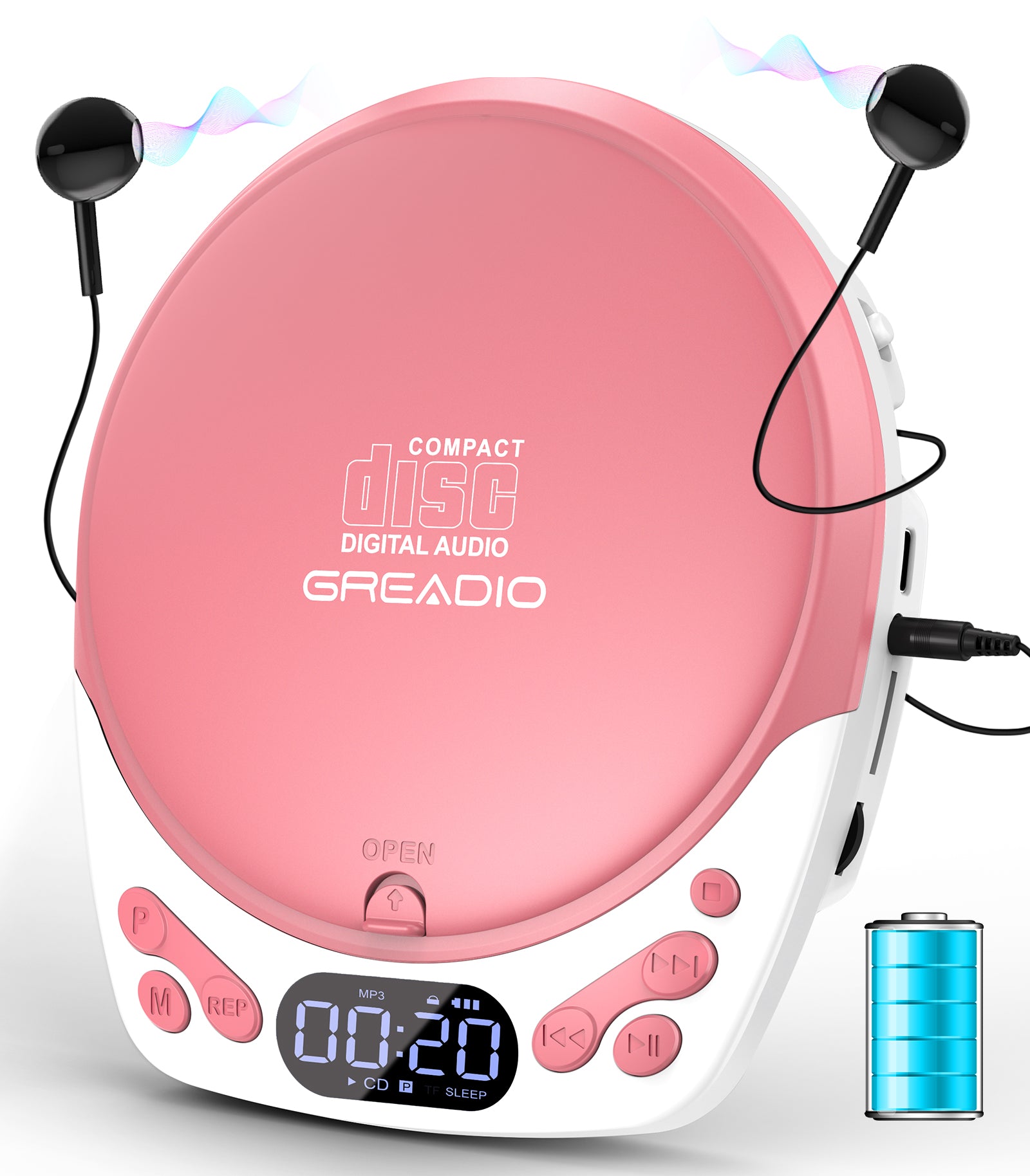 Discman CD Player with Headphones, Portable Pink CD Player for Car & Home, Rechargeable CD Players with 60s Anti-Skip