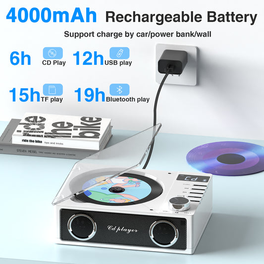 Bluetooth CD Players Portable with Remote Control, 4000mAh Rechargeable CD Player, CD Player with Speakers for Home, Supports USB, TF, AUX, Optical Input, 1 Count
