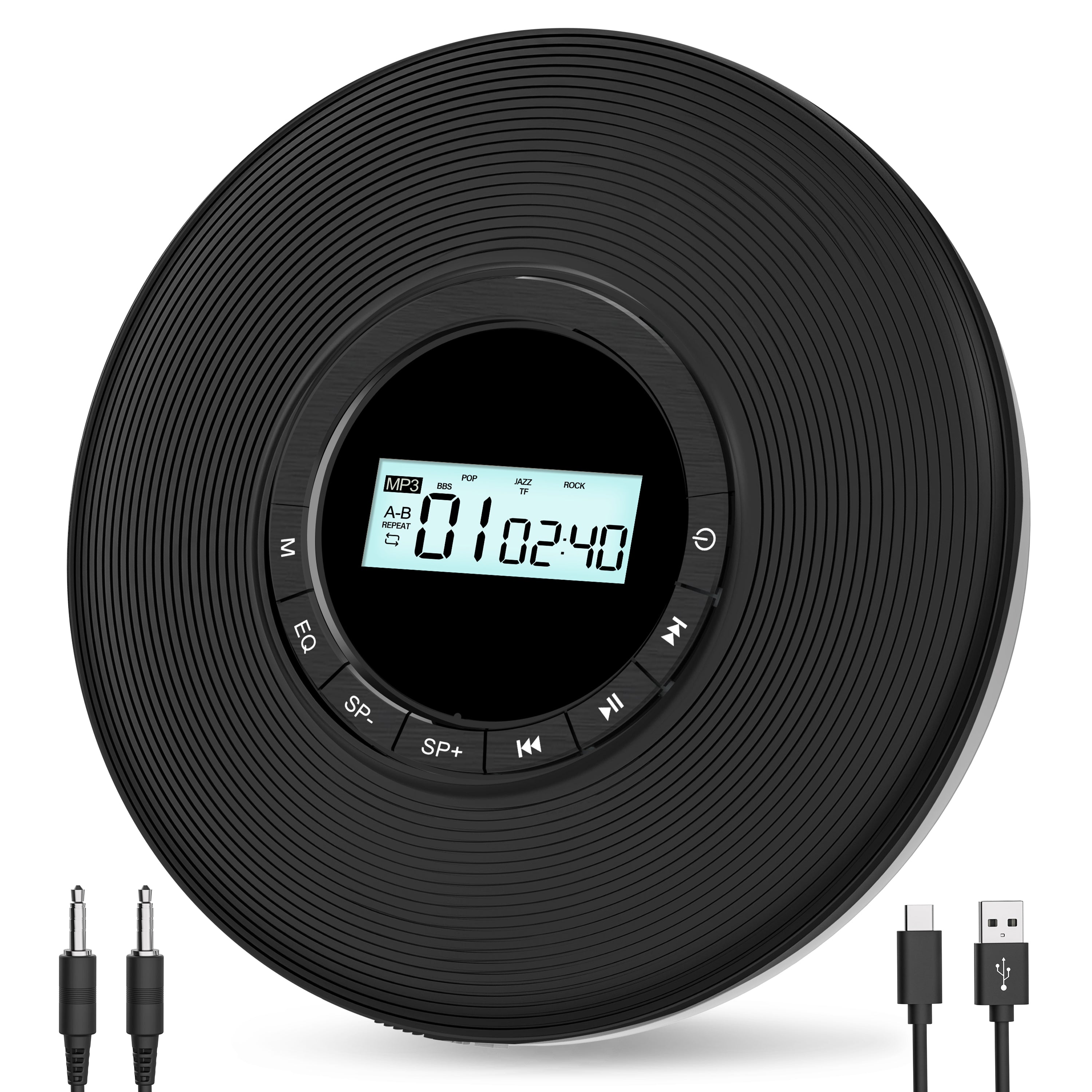 Greadio Portable CD Player for Car, Walkman CD Player Easy to Carry and Use, Personal Disman CD Player with Anti-Skip,Earphones Jack,Aux-Out Cable/TF Slot,2*AA Batteries or Type-C Supply