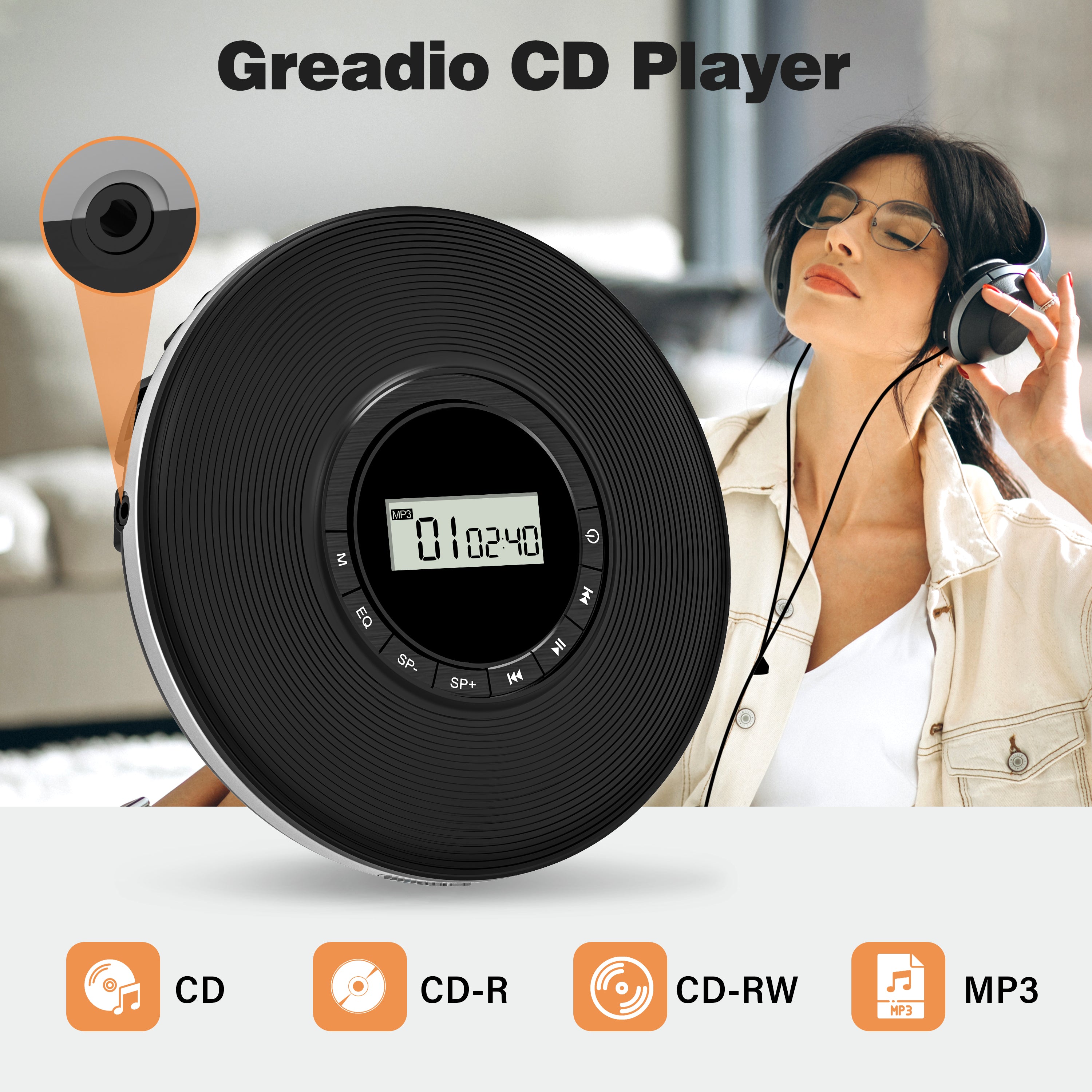 Greadio Portable CD Player for Car, Walkman CD Player Easy to Carry and Use, Personal Disman CD Player with Anti-Skip,Earphones Jack,Aux-Out Cable/TF Slot,2*AA Batteries or Type-C Supply