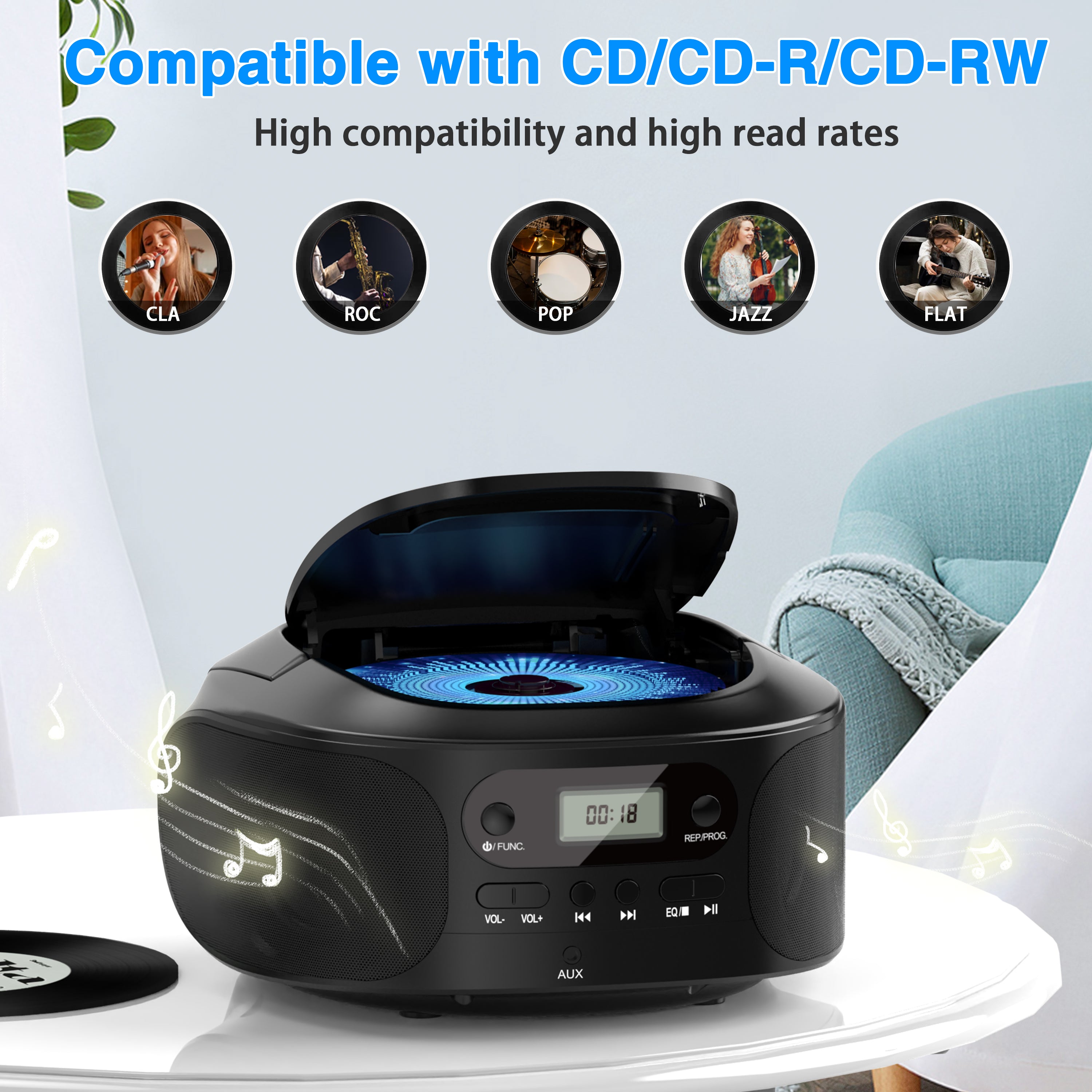 CD Boombox Player Portable, CD Boomboxes for Kids, Compatible CD/CD-R/CD-RW, Programmable