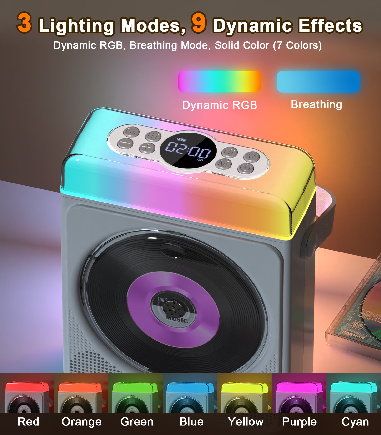 Portable CD Player with Bluetooth & RGB Lights, 4000mAh Rechargeable Personal CD Player with Speakers & Remote, Bass Boost, USB/TF/AUX Support