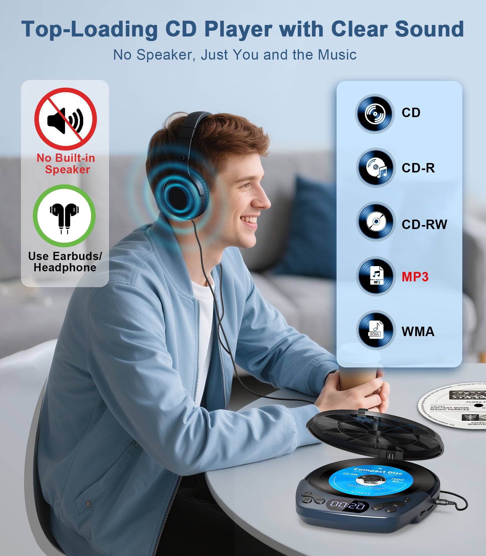 Portable CD Player with Headphones, Rechargeable Discman CD Player for Car & Home, Small CD Players Portable with 60s Anti-Skip