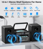 Stereo System for Home with Boombox CD and Cassette Player Combo, 40W Home Stereo System with Bluetooth, FM Radio/USB/TF/AUX/Remote Control