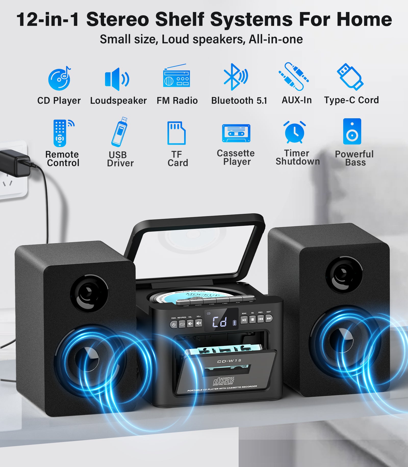 Stereo System for Home with Boombox CD and Cassette Player Combo, 40W Home Stereo System with Bluetooth, FM Radio/USB/TF/AUX/Remote Control