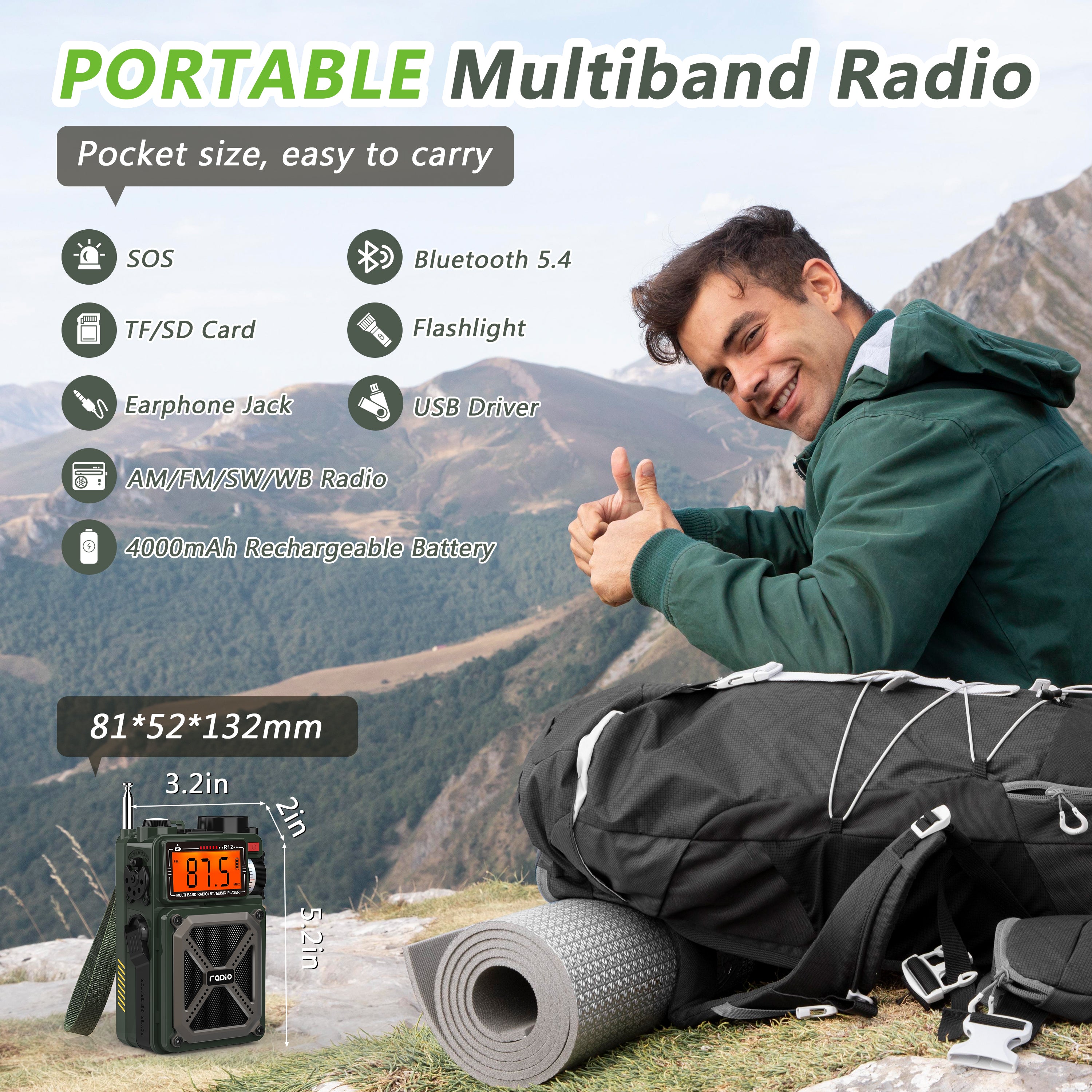 Greadio Portable Shortwave Radios with NOAA Weather Radio, 14800mWh Digital Radio AM FM with Bluetooth 5.4, Crank/Solar/USB Charging, Support USB/TF