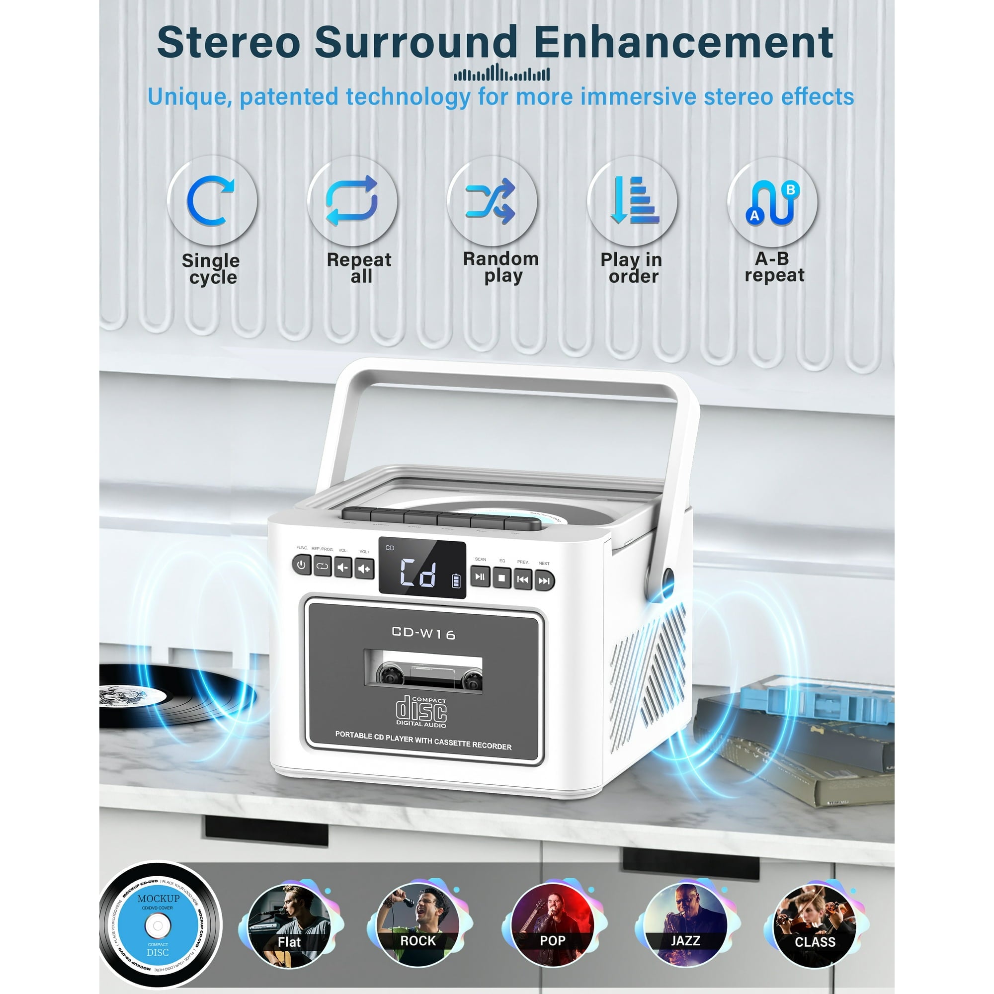 Greadio 5000mAh Rechargeable CD Player Boombox Cassette Player Combo with Bluetooth, FM, Music