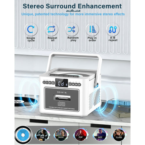 Greadio 5000mAh Rechargeable CD Player Boombox Cassette Player Combo with Bluetooth, FM, Music