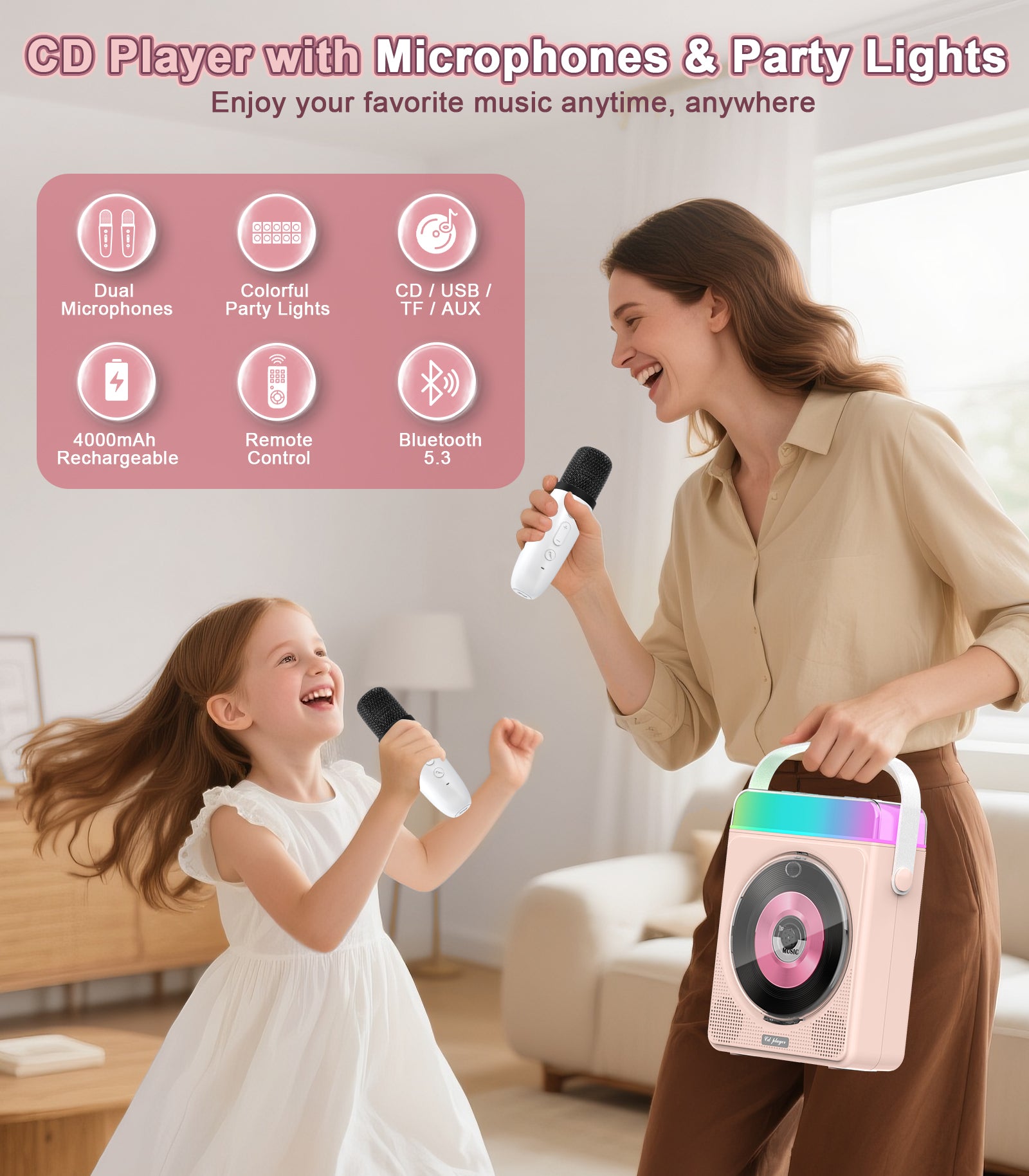 Portable Bluetooth CD Player with Dual Karaoke Microphones & LED Lights, 4000mAh Rechargeable CD Player with Speakers