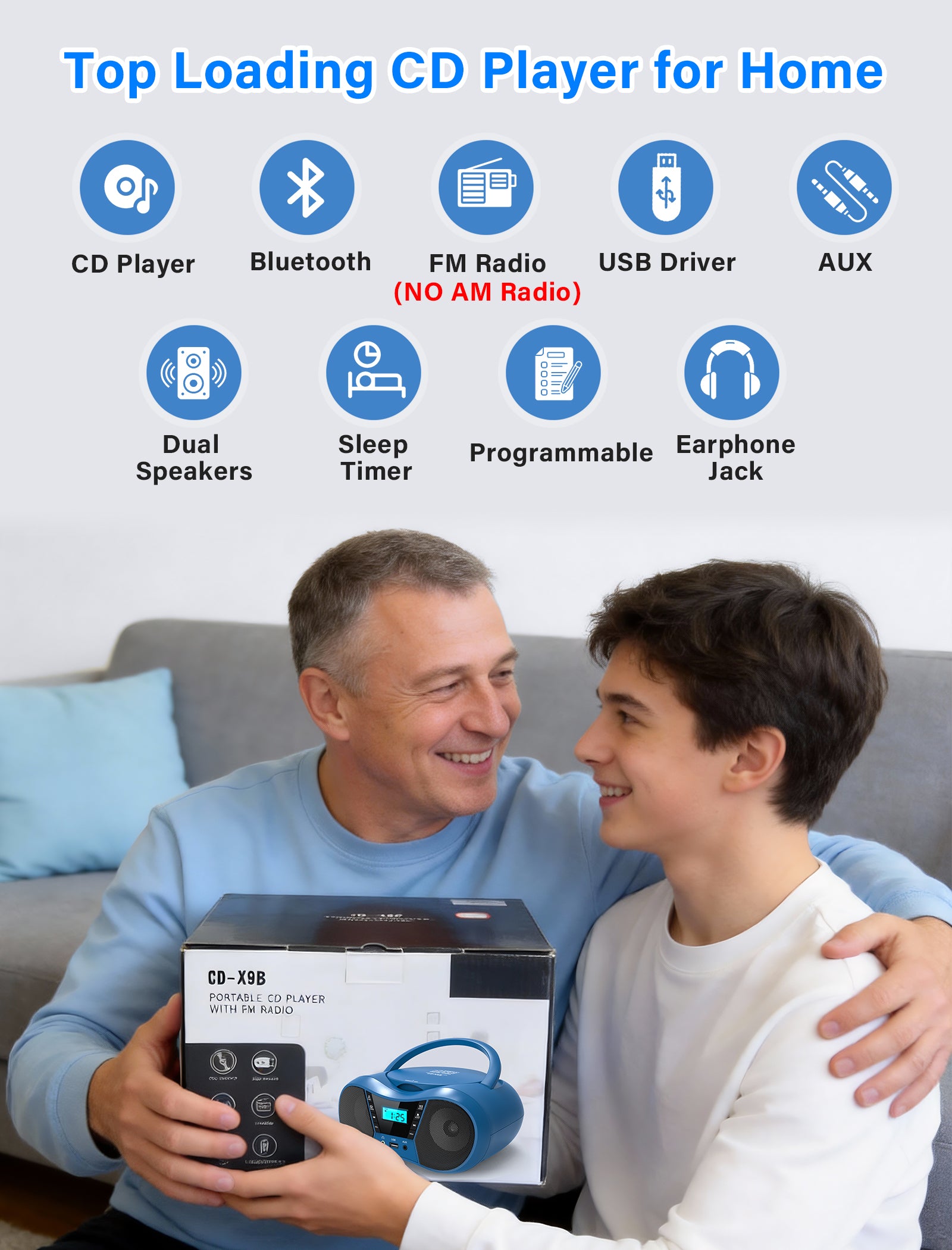 Greadio Boombox CD Player for Home with Bluetooth, Portable CD Player Boom Box with FM Radio, Stereo Sound, AC/Battery Powered