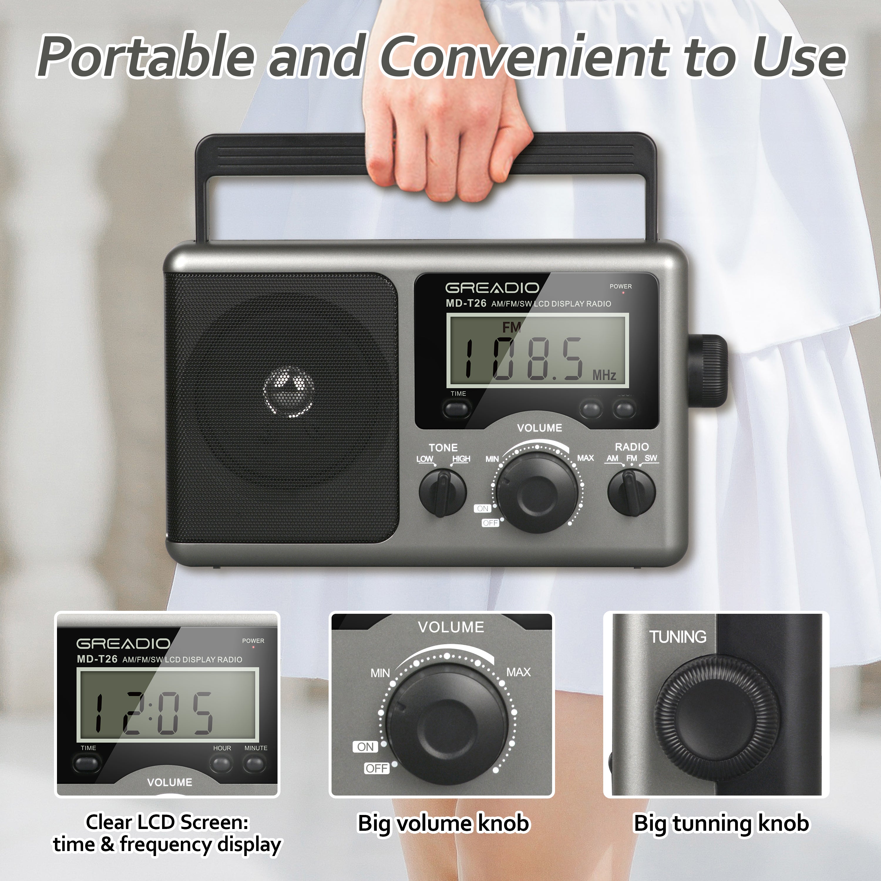 Greadio Portable Shortwave Radio with Best Reception,AM FM Transistor,LCD Display,Time Setting
