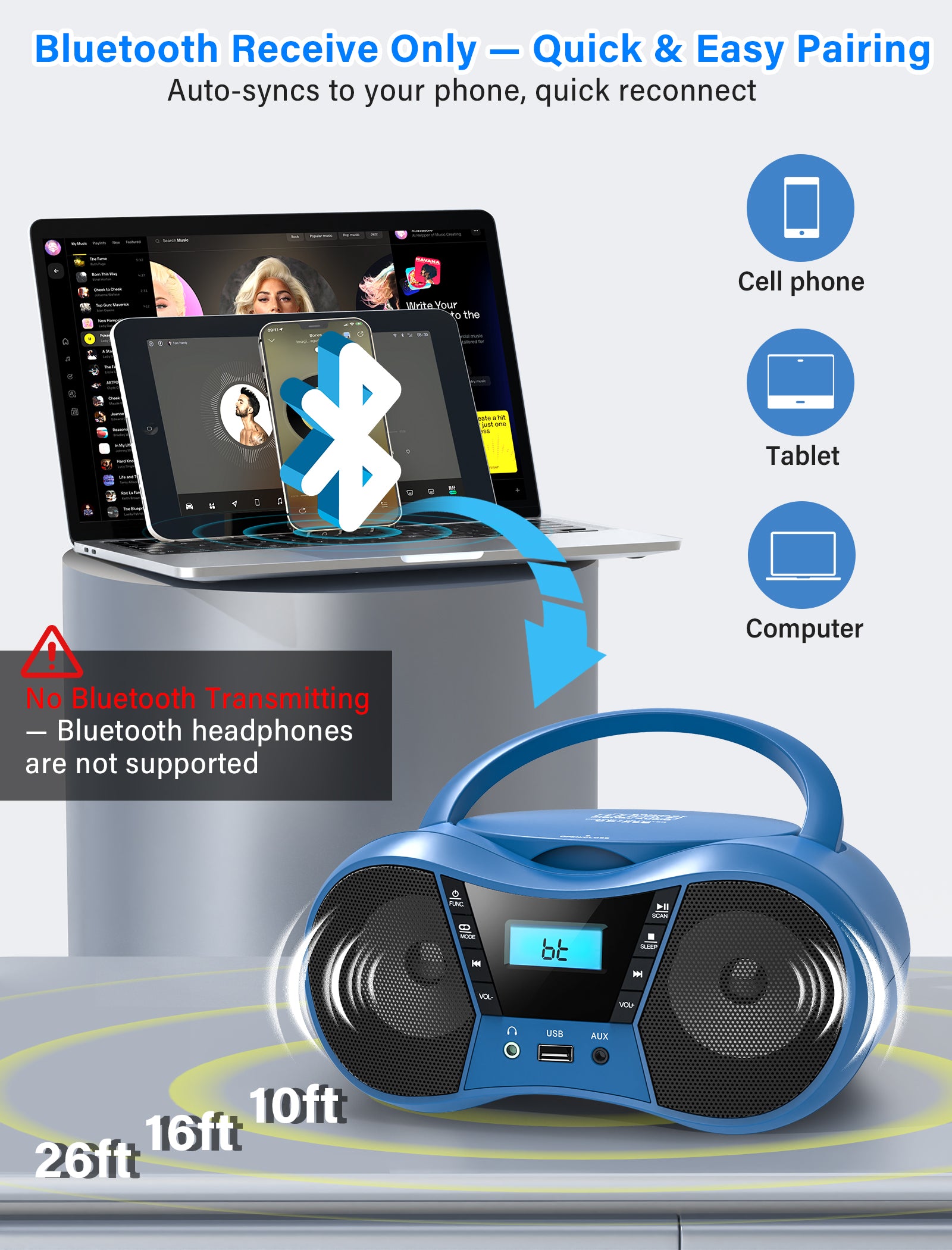 Greadio Boombox CD Player for Home with Bluetooth, Portable CD Player Boom Box with FM Radio, Stereo Sound, AC/Battery Powered
