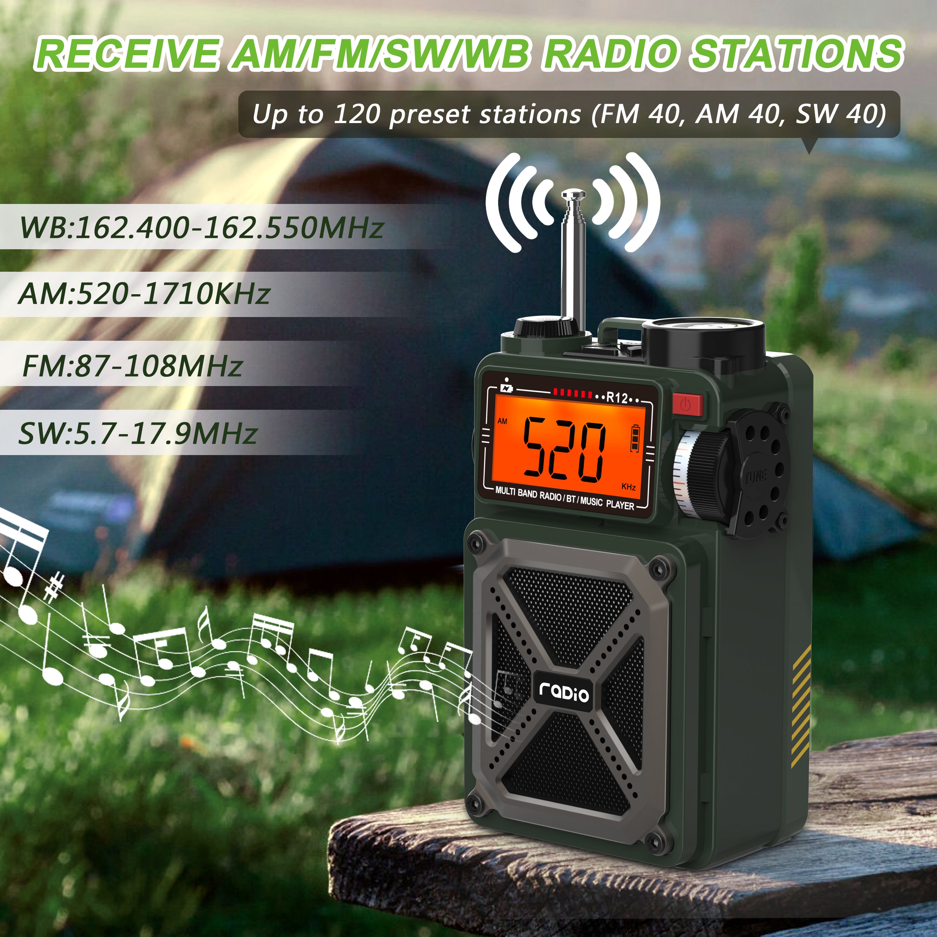 Greadio Portable Shortwave Radios with NOAA Weather Radio, 14800mWh Digital Radio AM FM with Bluetooth 5.4, Crank/Solar/USB Charging, Support USB/TF