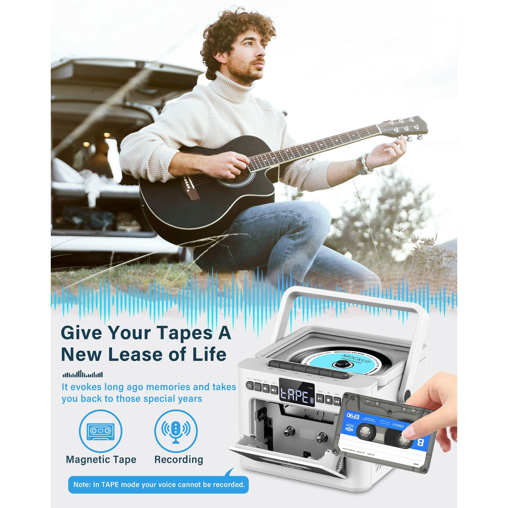 Greadio 5000mAh Rechargeable CD Player Boombox Cassette Player Combo with Bluetooth, FM, Music