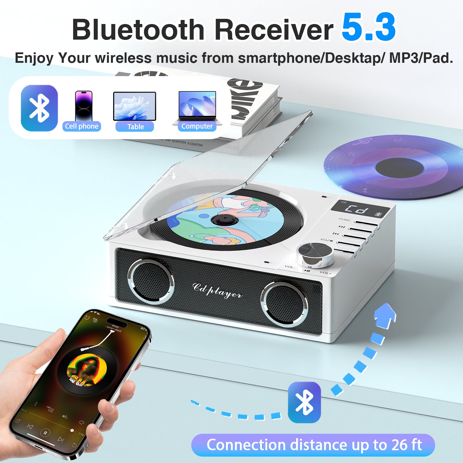 Bluetooth CD Players Portable with Remote Control, 4000mAh Rechargeable CD Player, CD Player with Speakers for Home, Supports USB, TF, AUX, Optical Input, 1 Count
