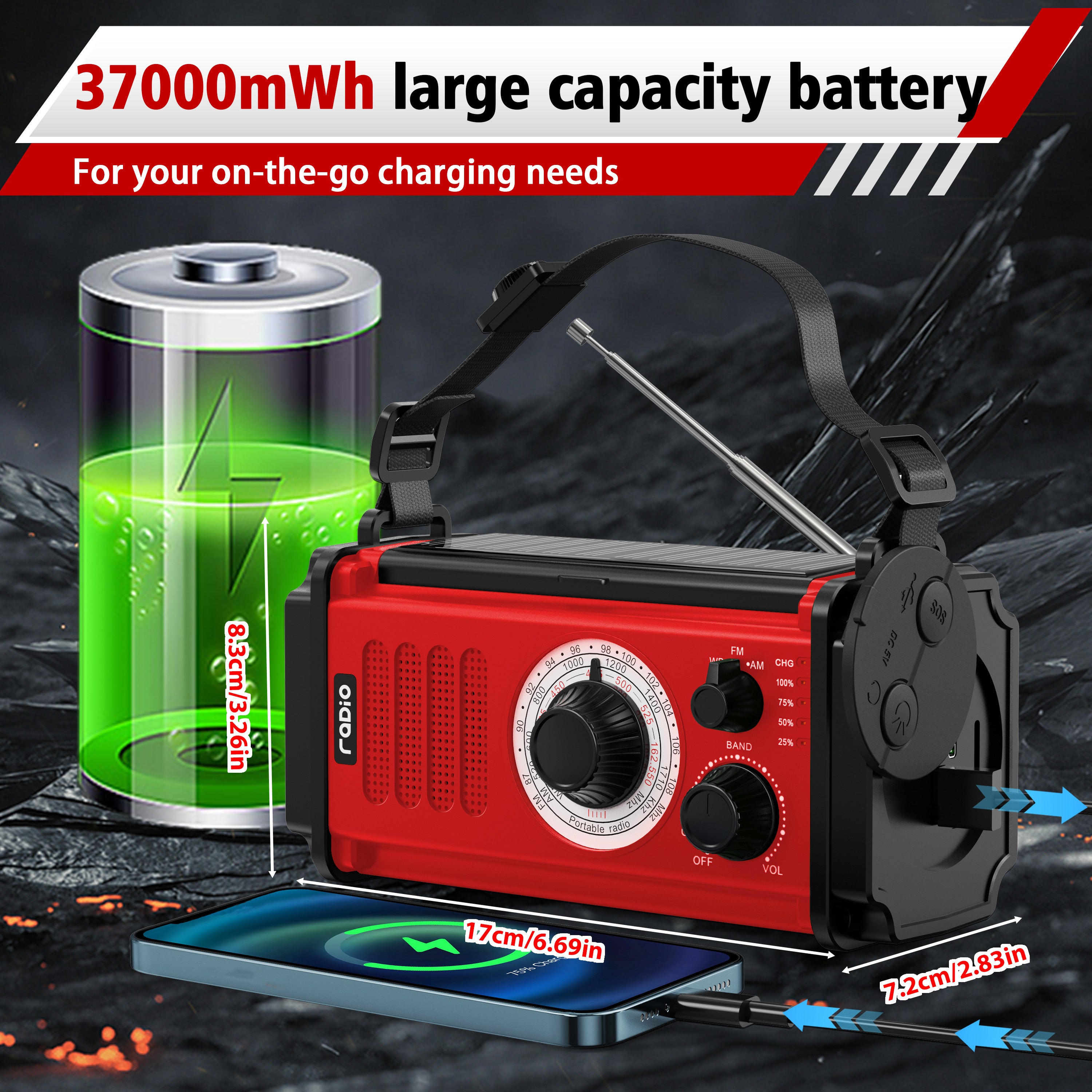 37000mWh Emergency Radio, Hand Crank Solar Radio, NOAA Weather Radio with Rechargeable Battery Powered, Portable AM FM with SOS Alarm, USB Charger, Flashlight and Reading Lamp for Outdoor Hurricane