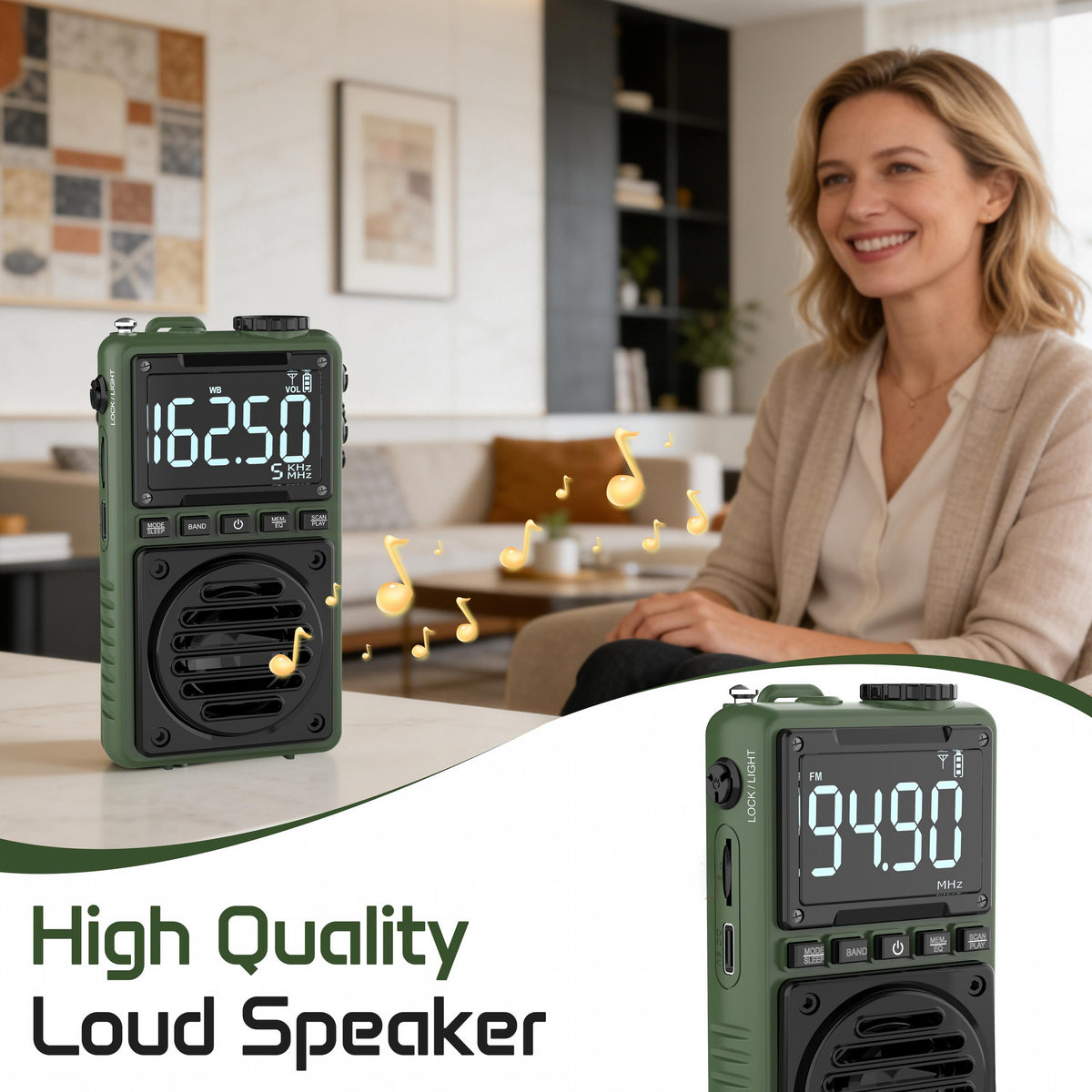 Greadio Digital Weather Band Radio with Flashlight,1250mAh Rechargeable AM FM Portable Radio with Clip