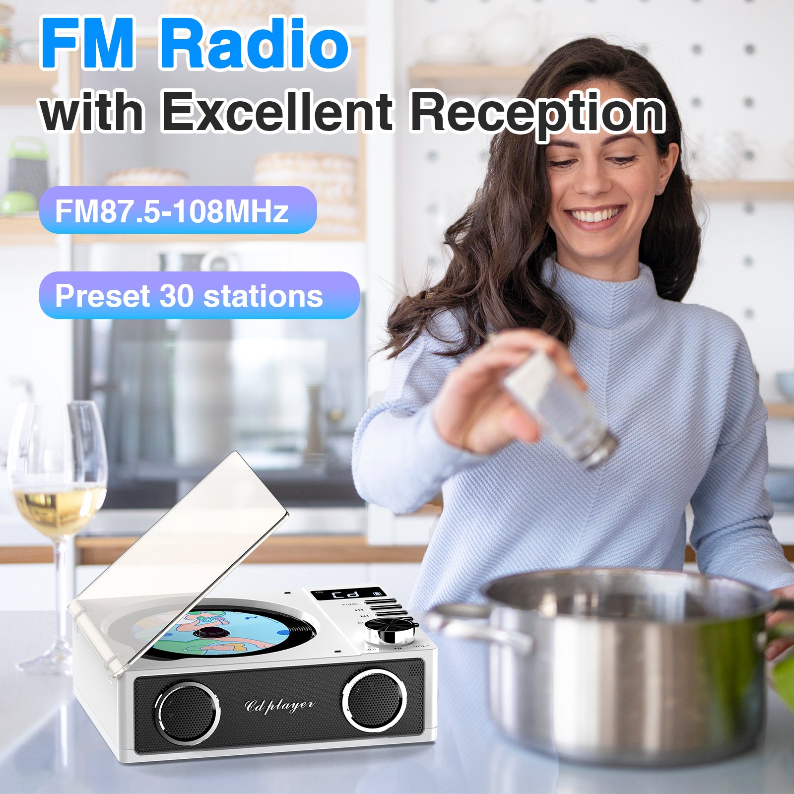 Bluetooth CD Players Portable with Remote Control, 4000mAh Rechargeable CD Player, CD Player with Speakers for Home, Supports USB, TF, AUX, Optical Input, 1 Count