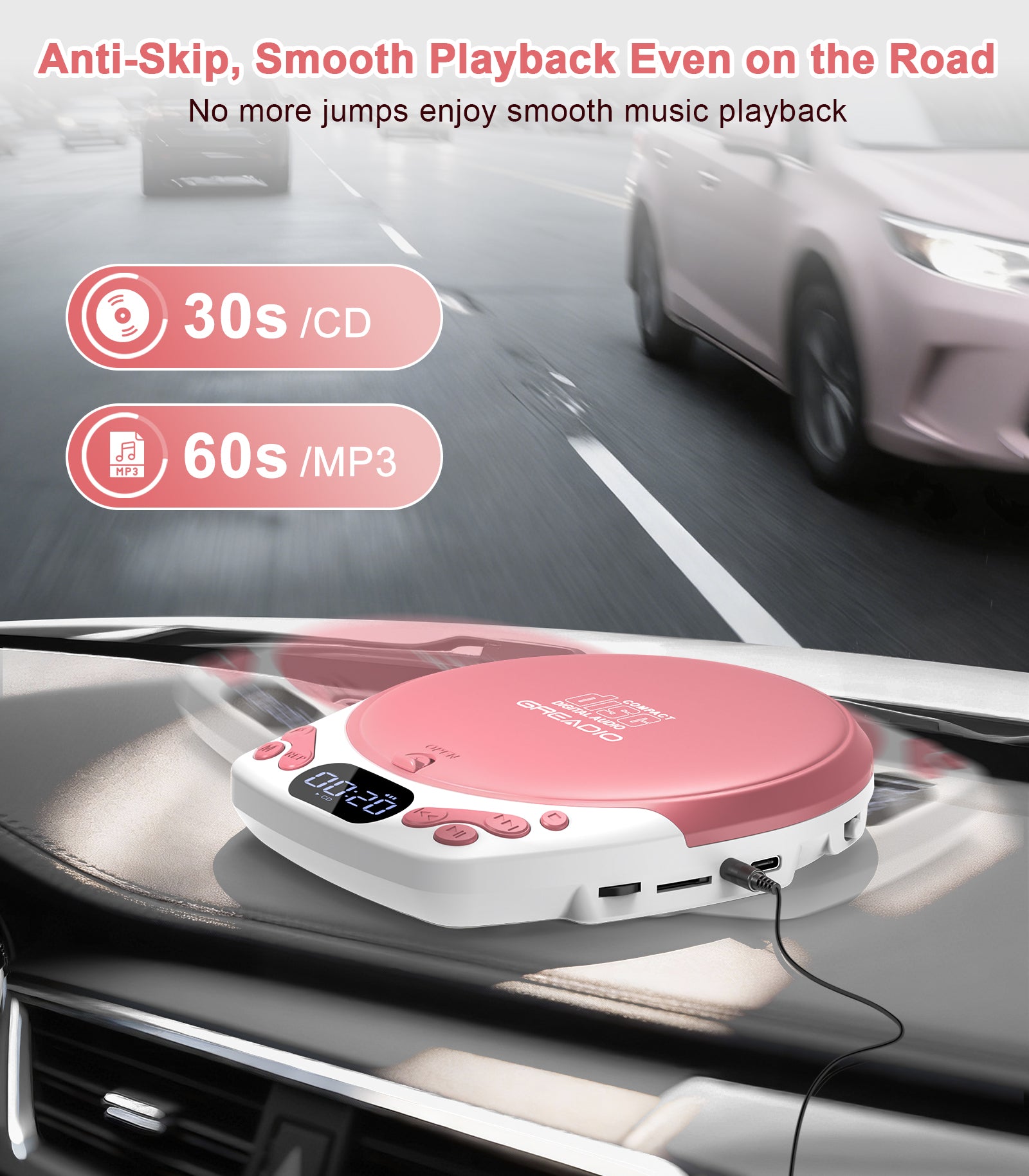 Discman CD Player with Headphones, Portable Pink CD Player for Car & Home, Rechargeable CD Players with 60s Anti-Skip