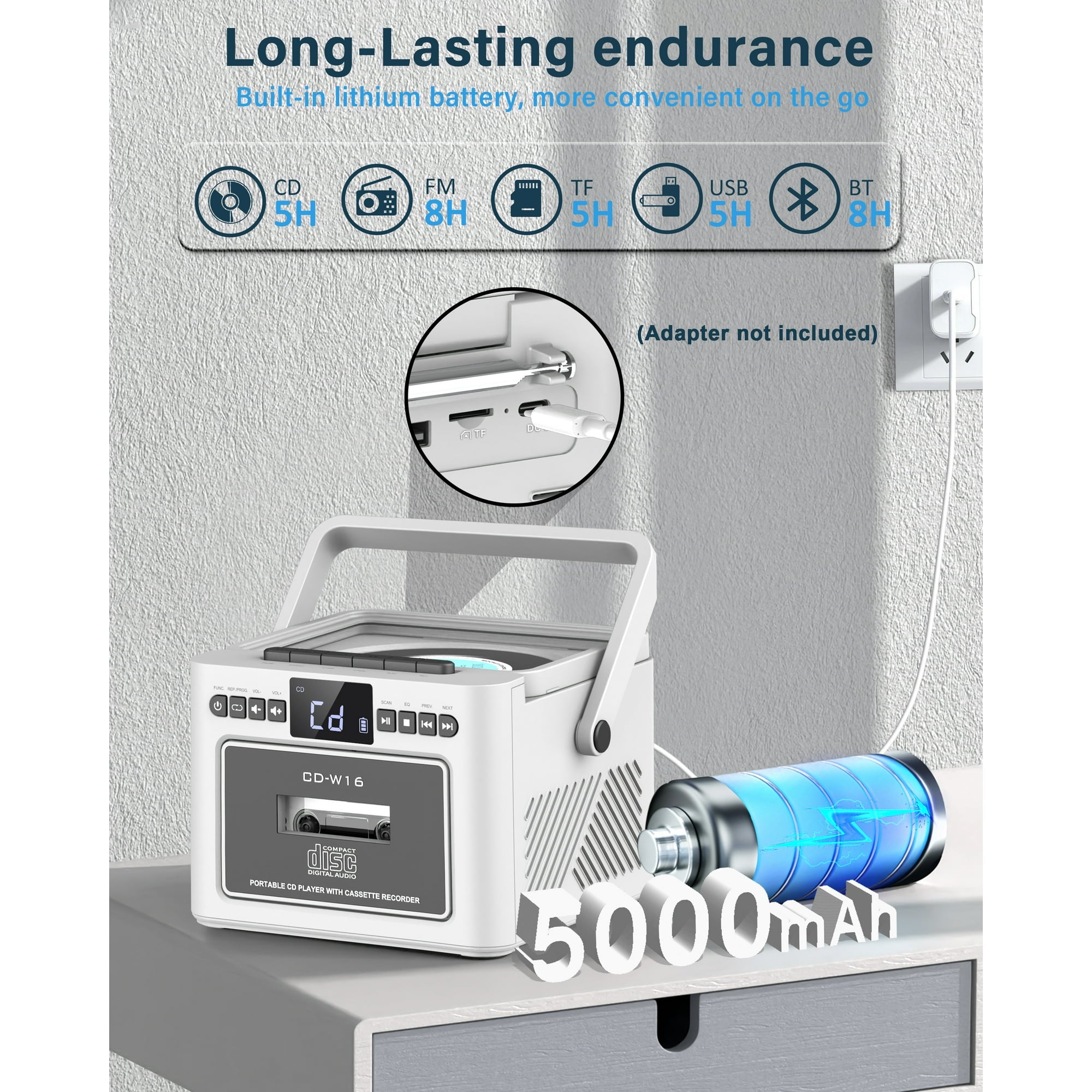 Greadio 5000mAh Rechargeable CD Player Boombox Cassette Player Combo with Bluetooth, FM, Music