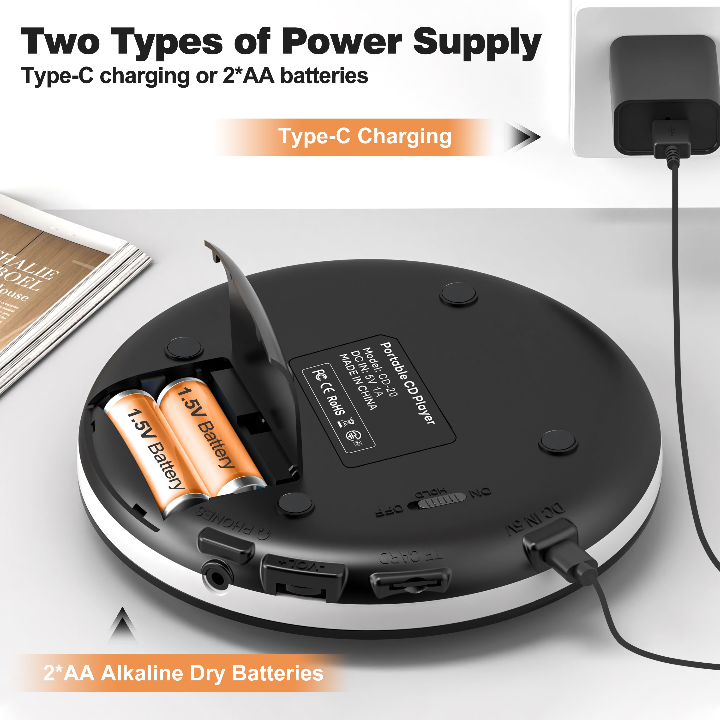 Greadio Portable CD Player for Car, Walkman CD Player Easy to Carry and Use, Personal Disman CD Player with Anti-Skip,Earphones Jack,Aux-Out Cable/TF Slot,2*AA Batteries or Type-C Supply