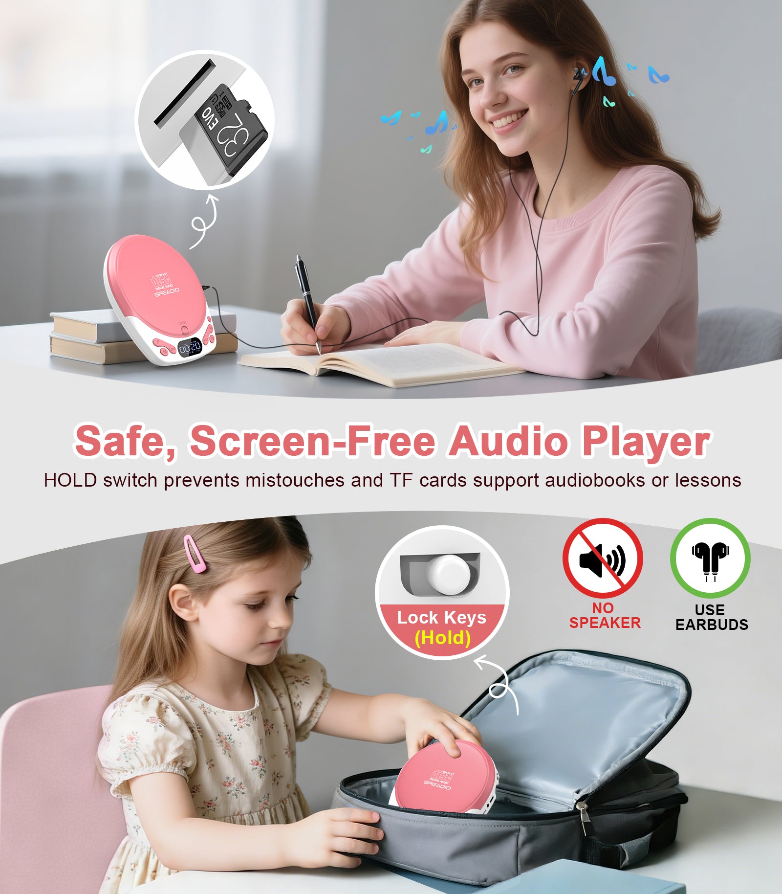 Discman CD Player with Headphones, Portable Pink CD Player for Car & Home, Rechargeable CD Players with 60s Anti-Skip