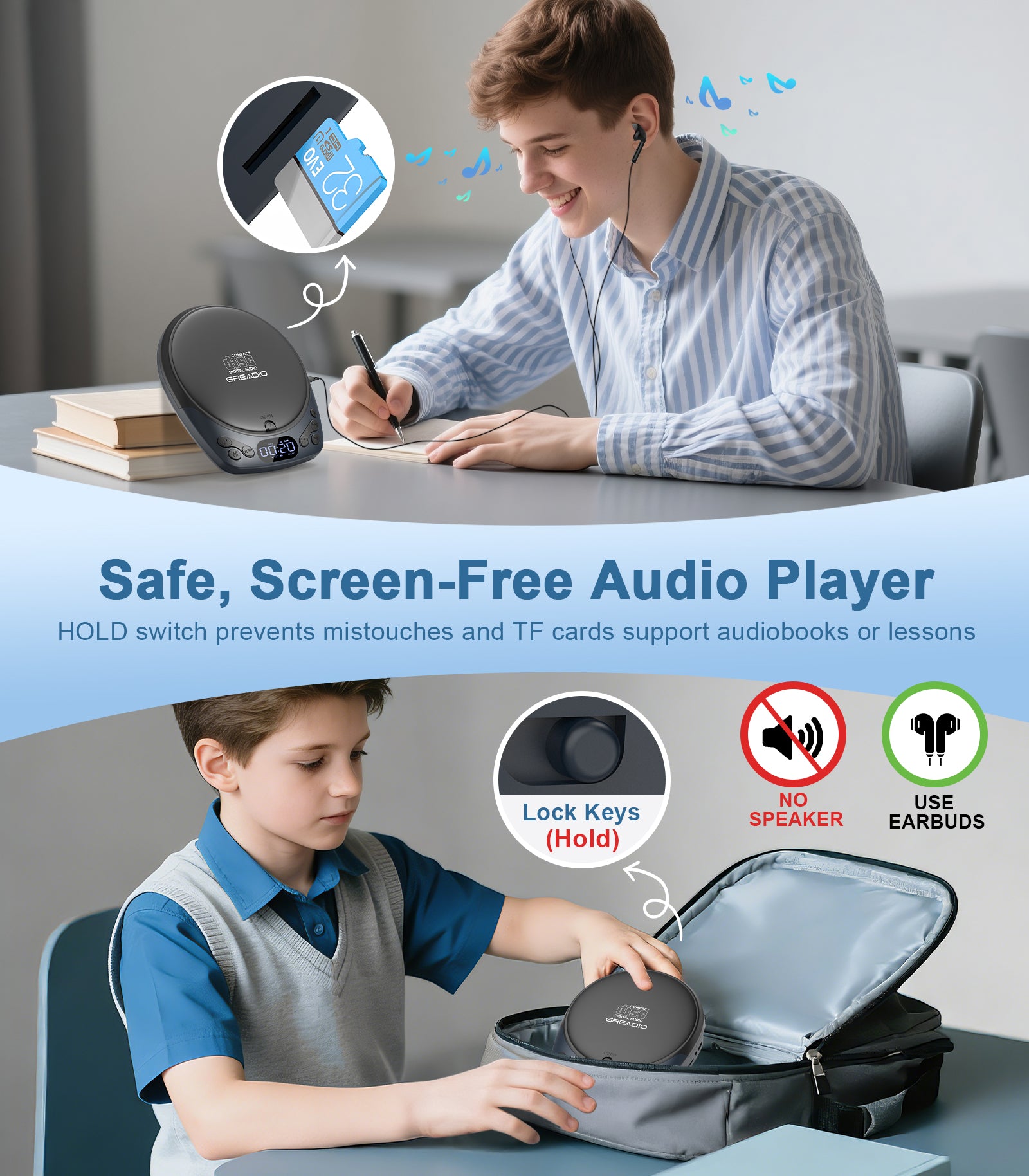 Portable CD Player with Headphones, Rechargeable Discman CD Player for Car & Home, Small CD Players Portable with 60s Anti-Skip