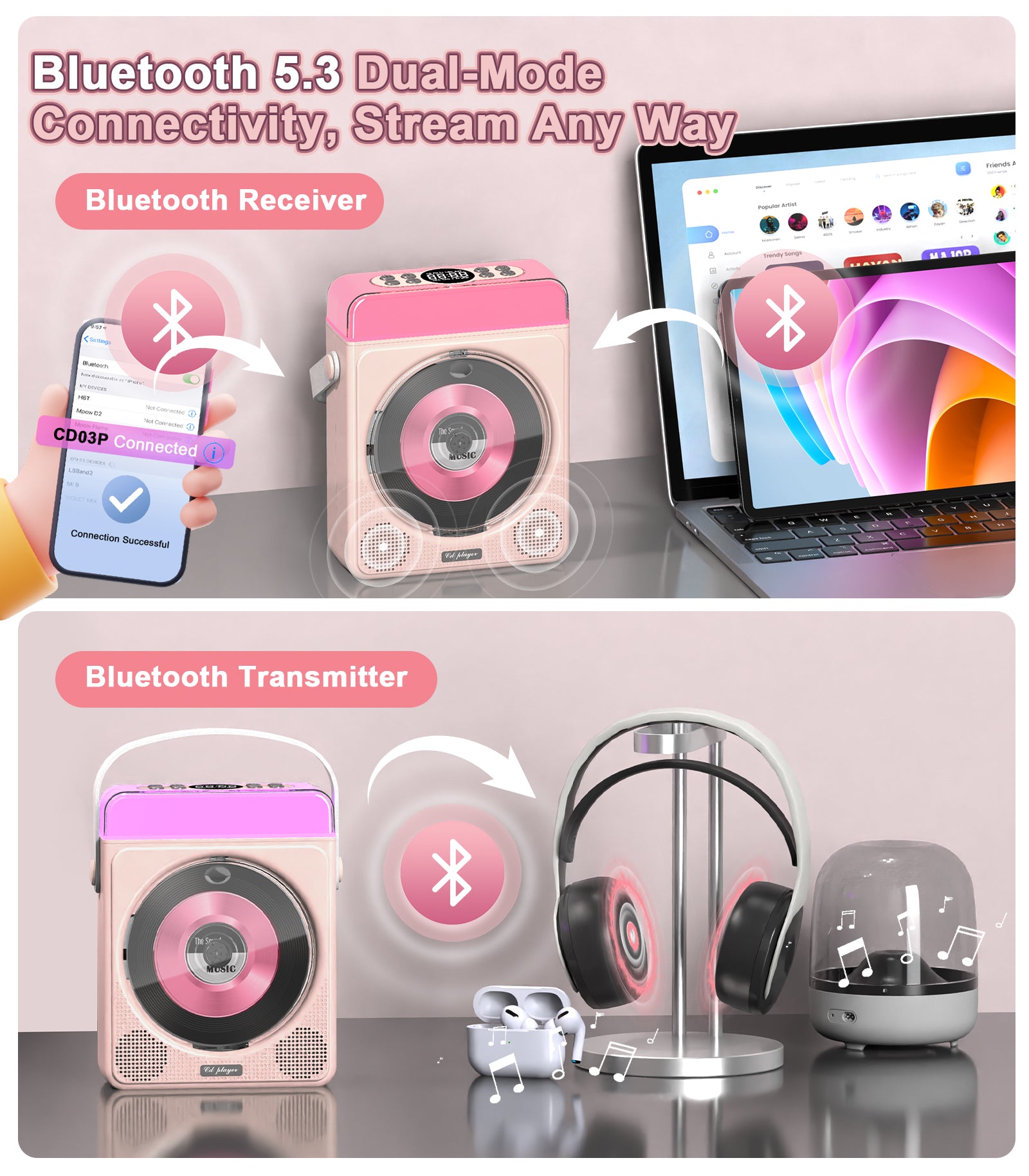 Portable Bluetooth CD Player with Dual Karaoke Microphones & LED Lights, 4000mAh Rechargeable CD Player with Speakers