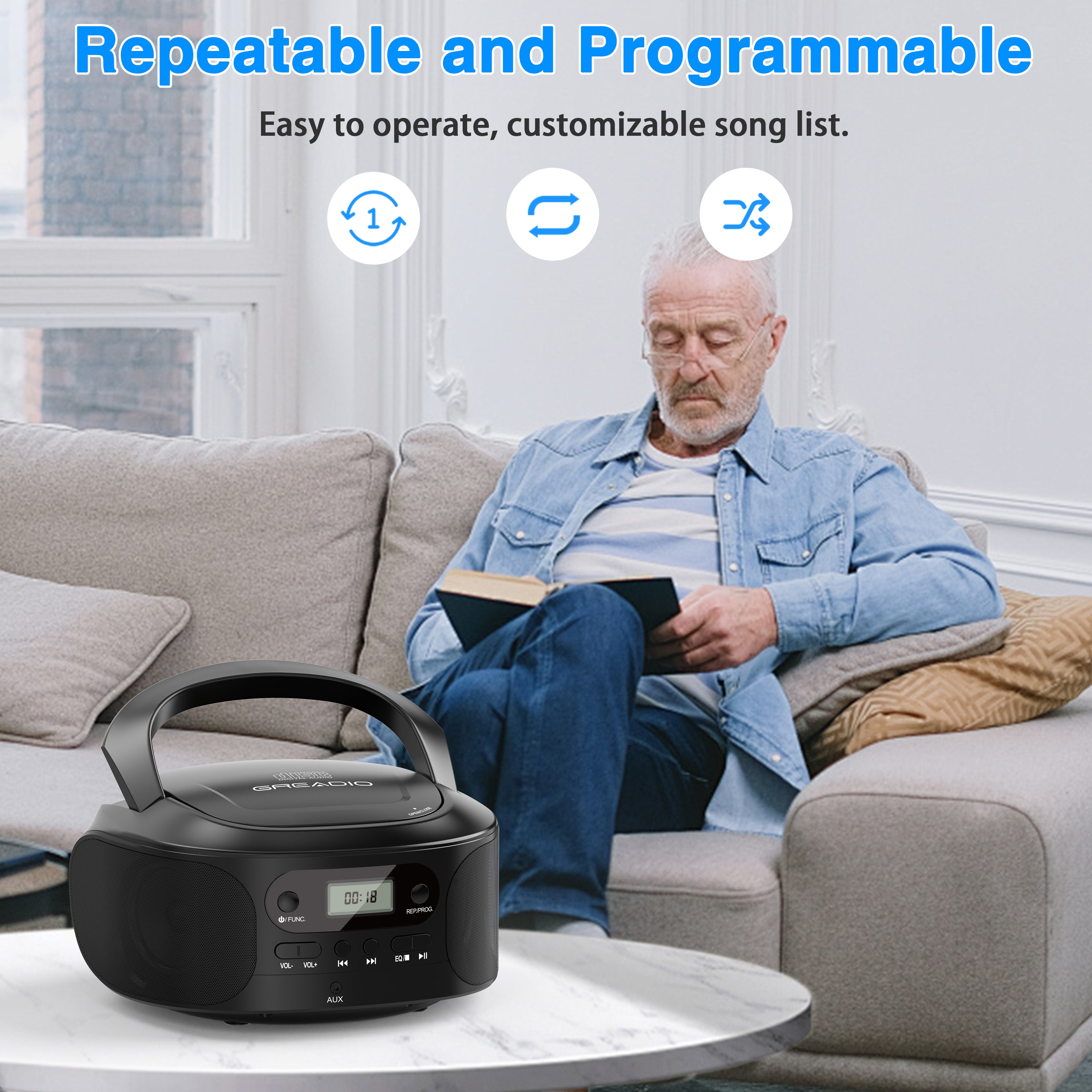 CD Boombox Player Portable, CD Boomboxes for Kids, Compatible CD/CD-R/CD-RW, Programmable