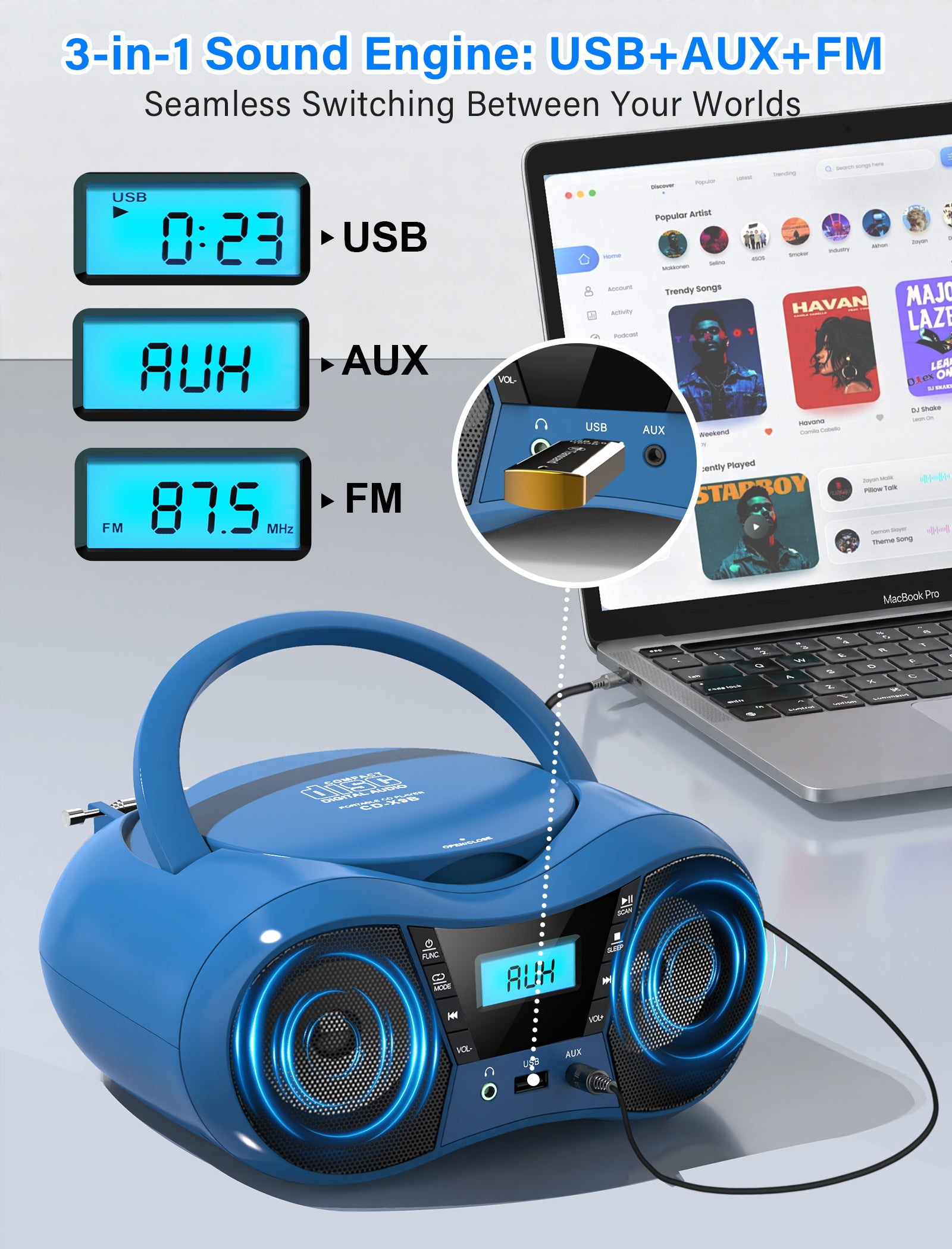 Greadio Boombox CD Player for Home with Bluetooth, Portable CD Player Boom Box with FM Radio, Stereo Sound, AC/Battery Powered