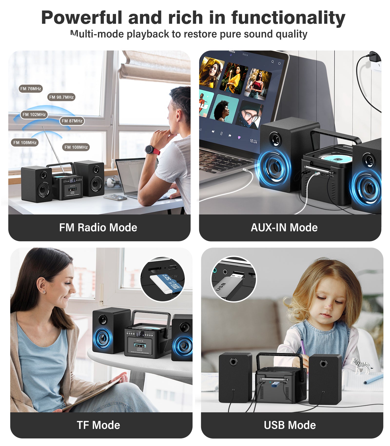 Stereo System for Home with Boombox CD and Cassette Player Combo, 40W Home Stereo System with Bluetooth, FM Radio/USB/TF/AUX/Remote Control