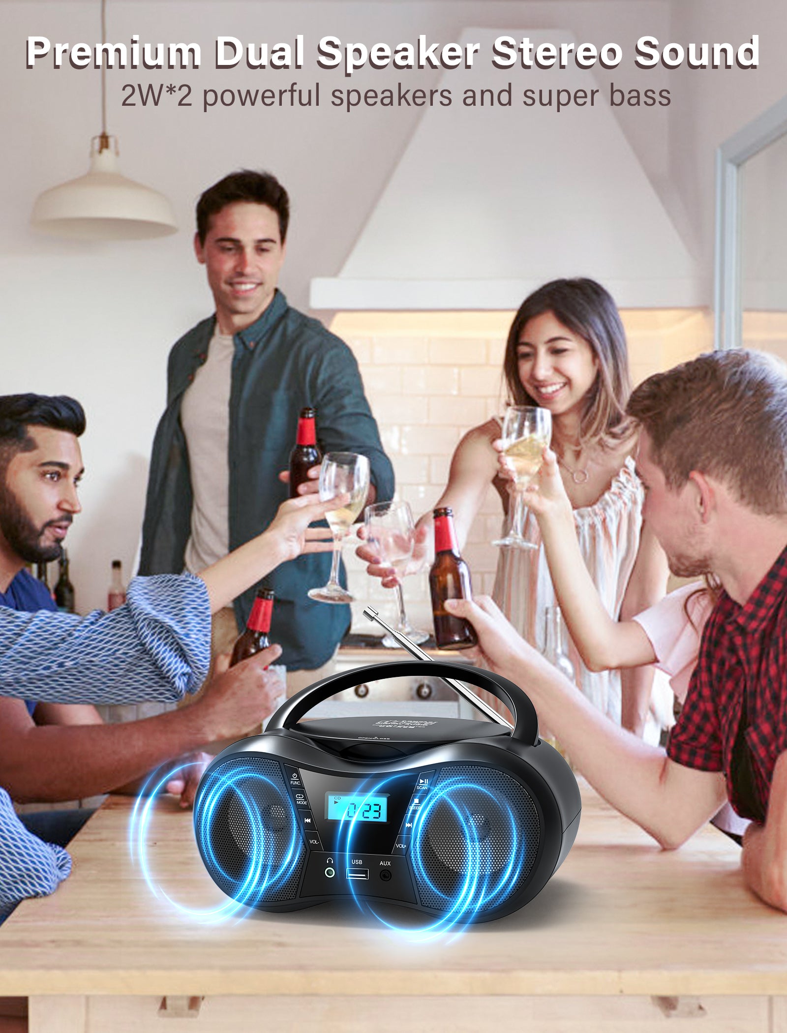 Greadio Boombox Portable CD Players for Home with Bluetooth, Boom Box CD Player FM Radio Combo, Stereo Sound